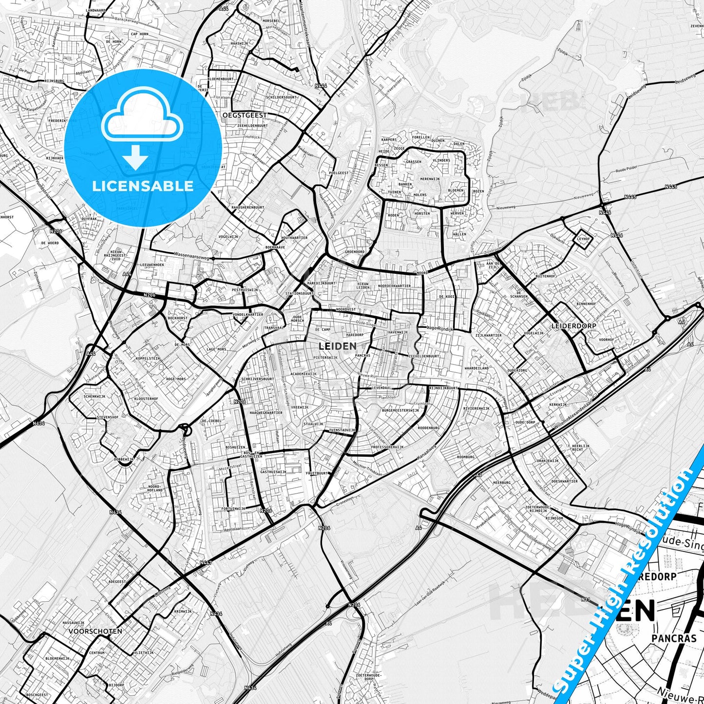 Leiden, Netherlands Light Map with Street Names, City Names, and Districts