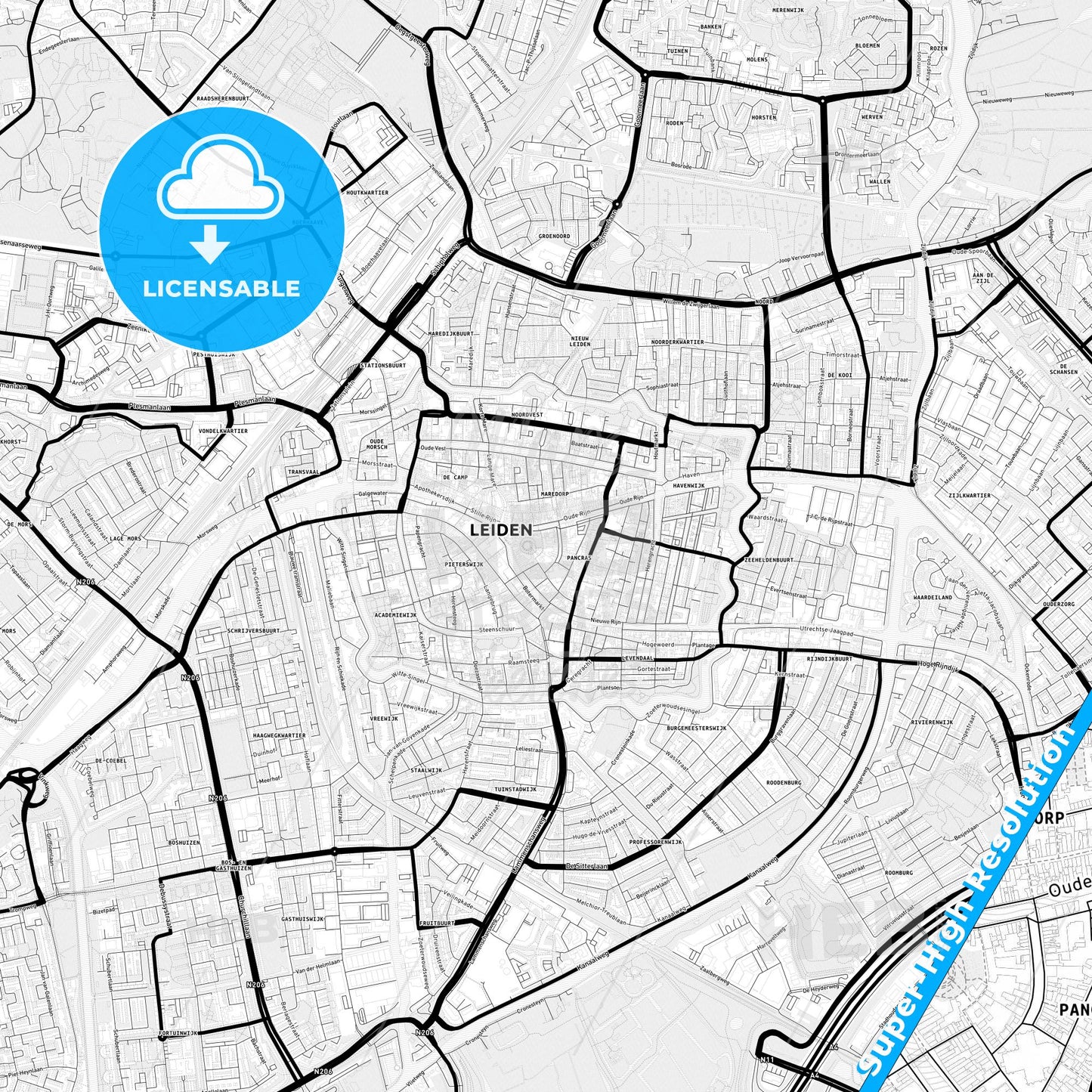 Leiden, Netherlands Light Map with Street Names, City Names, and Districts