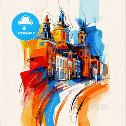 Vibrant Leiden, Netherlands - A Painting Of A Building