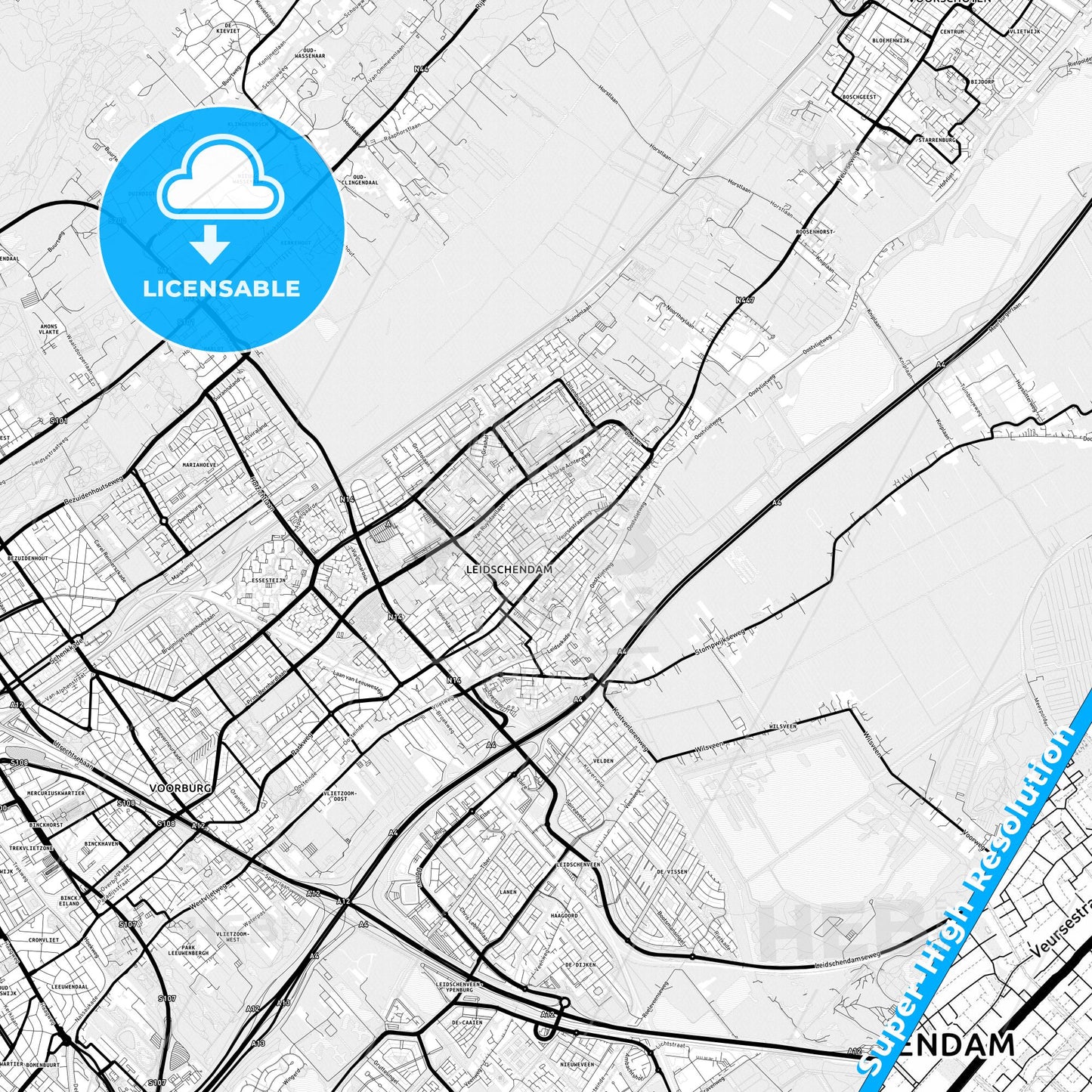 Leidschendam-Voorburg, Netherlands Light Map with Street Names, City Names, and Districts