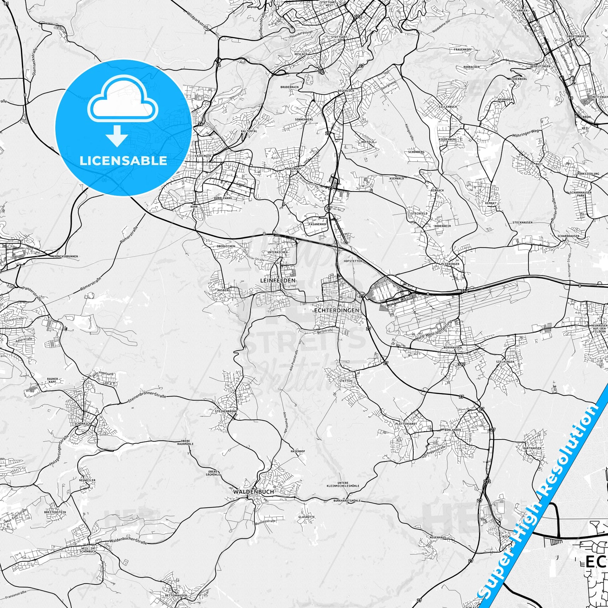 Leinfelden-Echterdingen, Germany light map with streetnames, citynames and districts