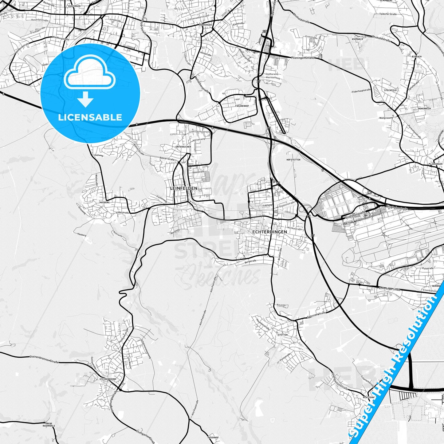 Leinfelden-Echterdingen, Germany Light Map with Street Names, City Names, and Districts