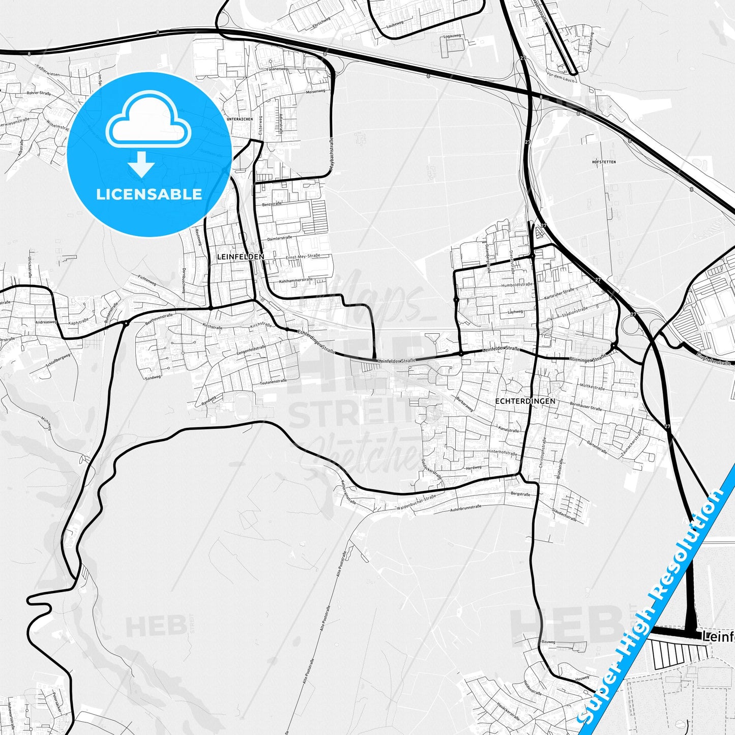 Leinfelden-Echterdingen, Germany Light Map with Street Names, City Names, and Districts