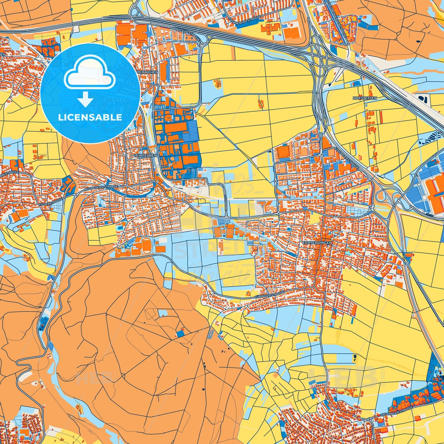 Colorful Leinfelden-Echterdingen Street Map with Labels and Buildings
