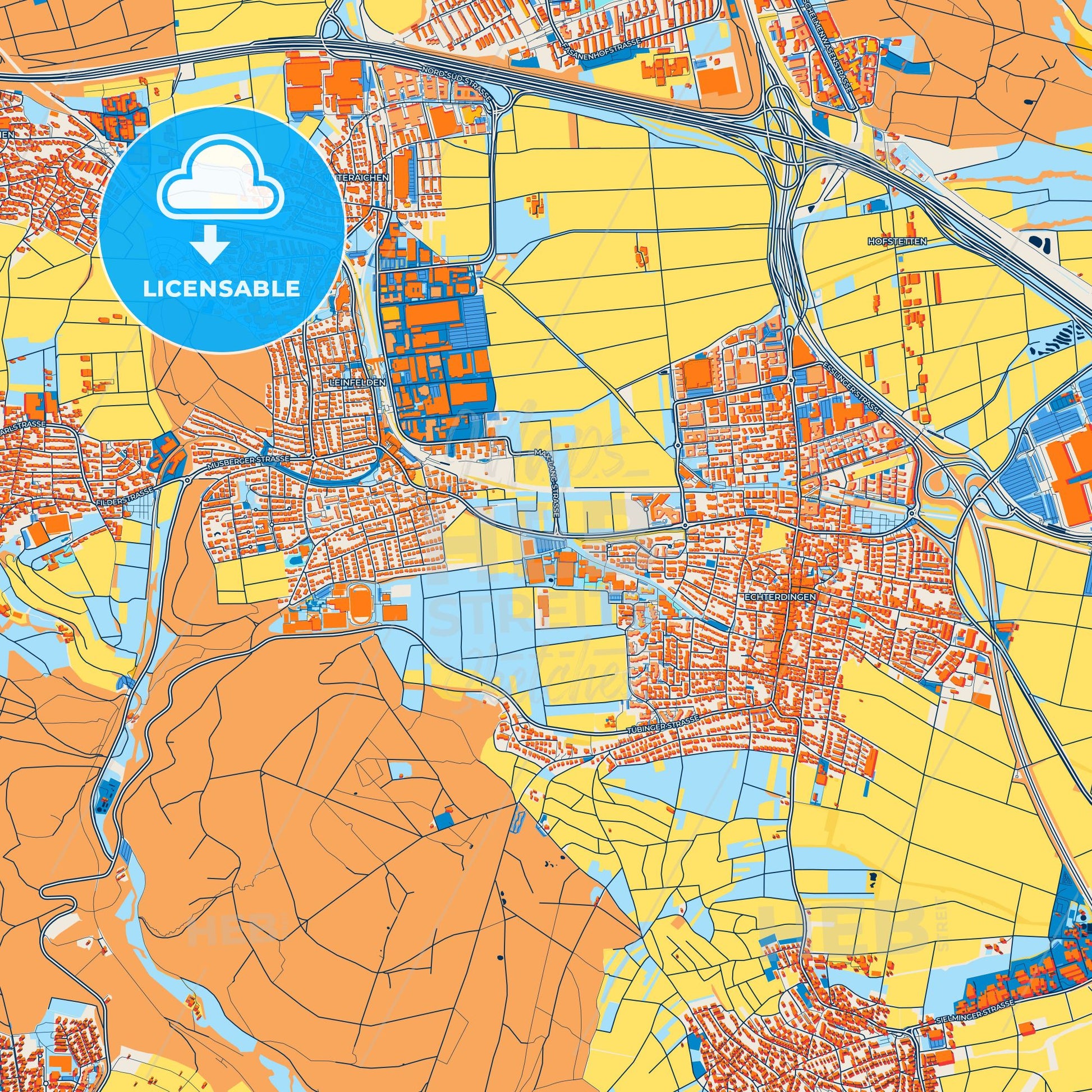 Colorful Leinfelden-Echterdingen Street Map with Labels and Buildings