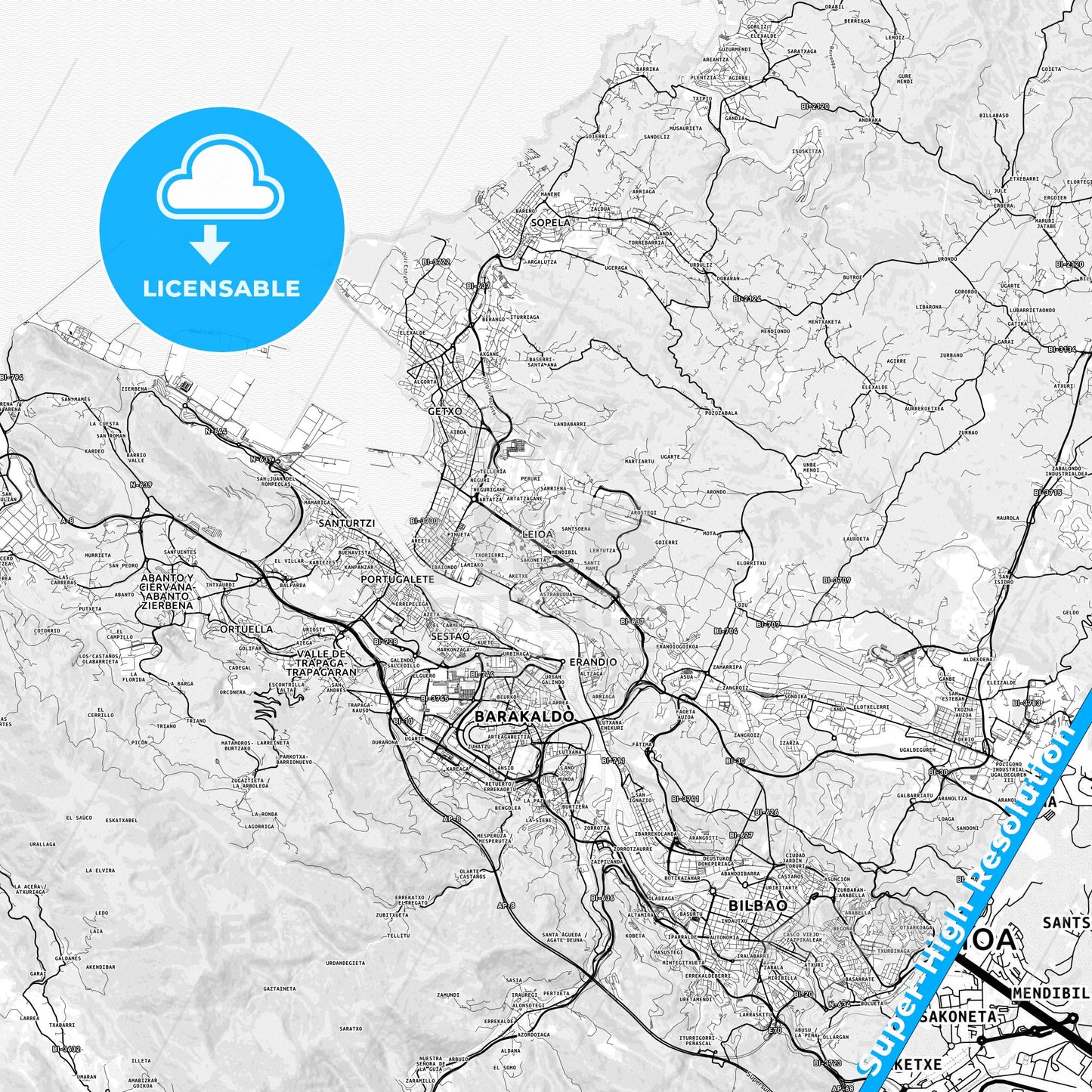Leioa, Spain light map with streetnames, citynames and districts