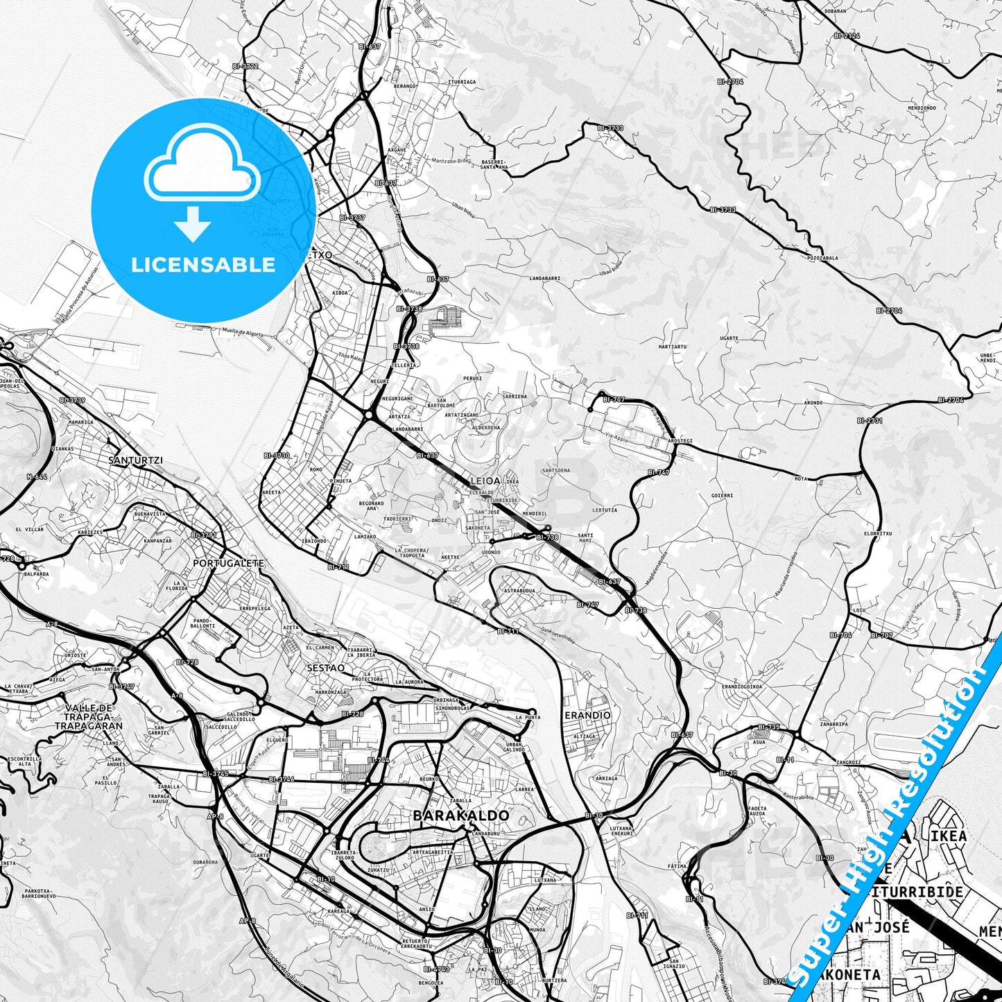 Leioa, Spain Light Map with Street Names, City Names, and Districts