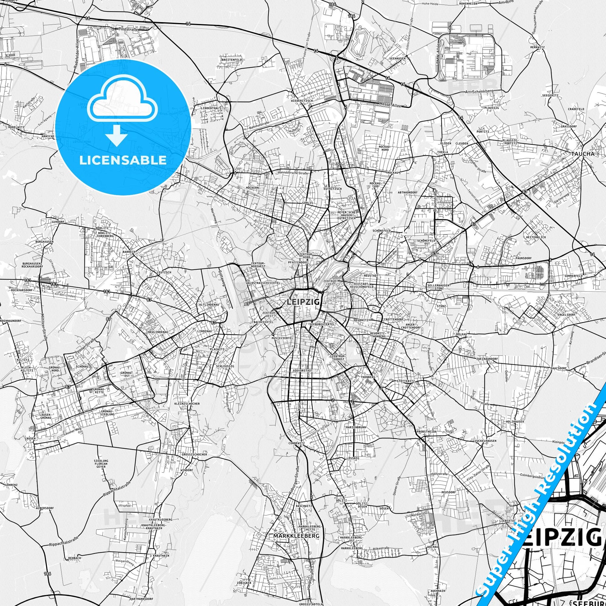 Leipzig, Germany light map with streetnames, citynames and districts