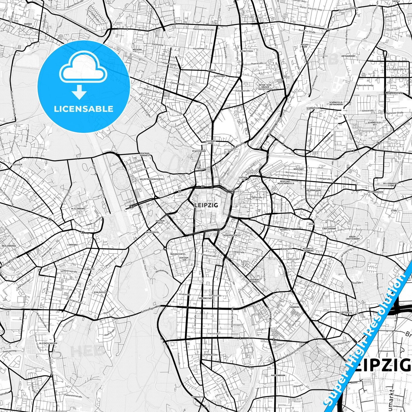 Leipzig, Germany Light Map with Street Names, City Names, and Districts