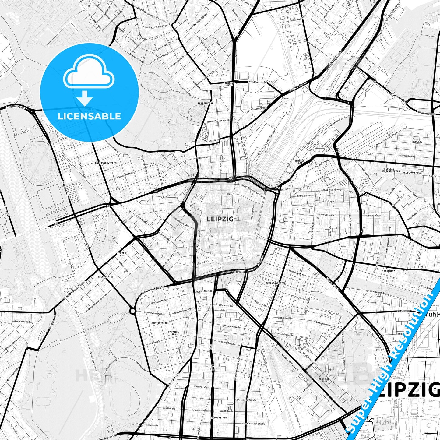 Leipzig, Germany Light Map with Street Names, City Names, and Districts