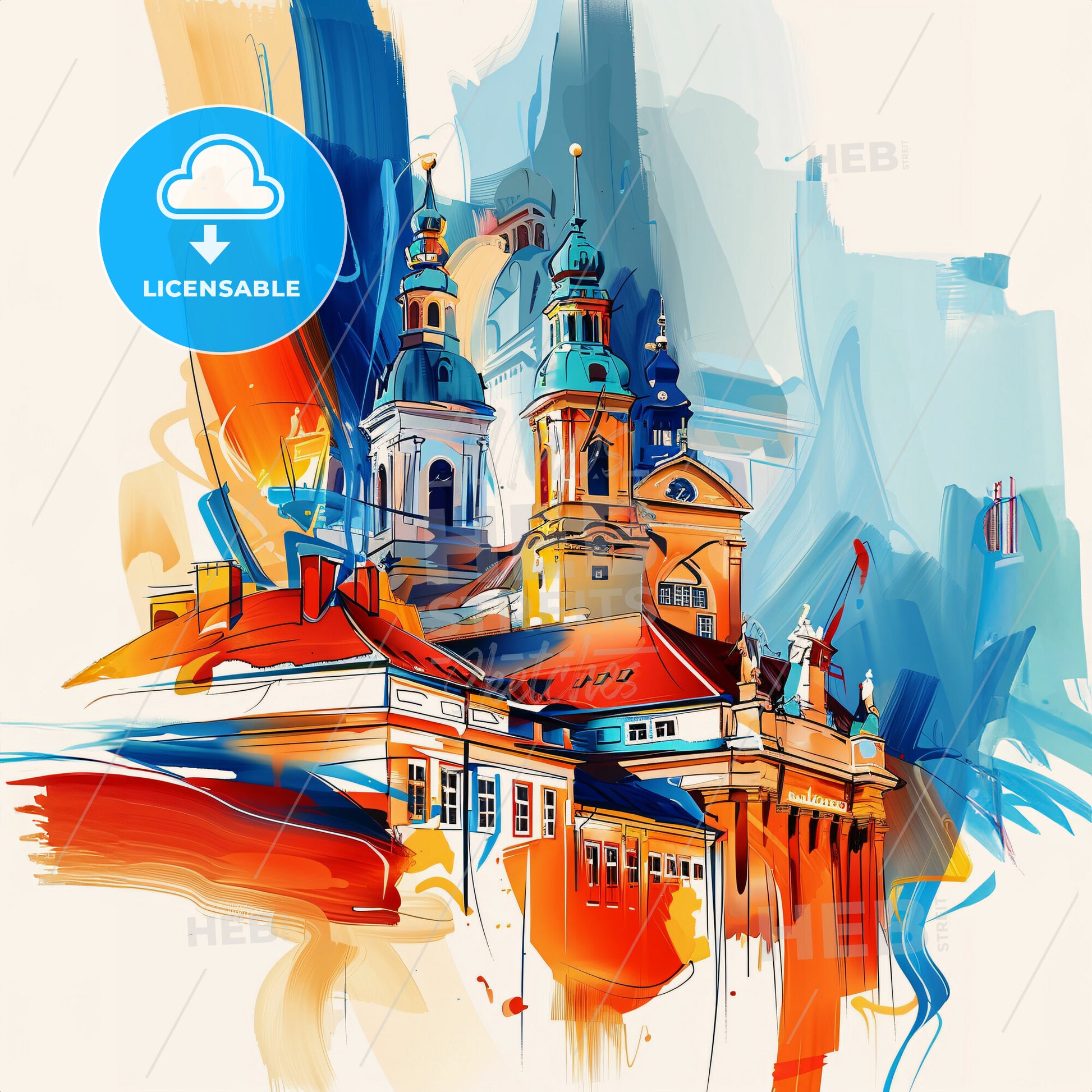 Vibrant Leipzig, Germany - A Painting Of A Building With Towers And A Blue And Orange Roof