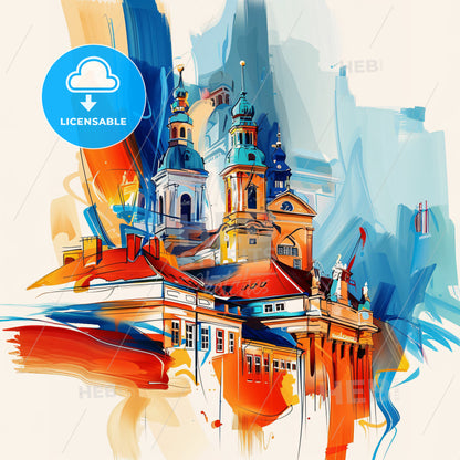 Vibrant Leipzig, Germany - A Painting Of A Building With Towers And A Blue And Orange Roof