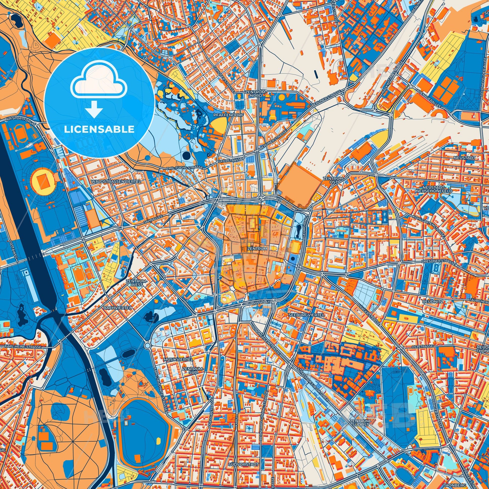 Colorful Leipzig Street Map with Labels and Buildings