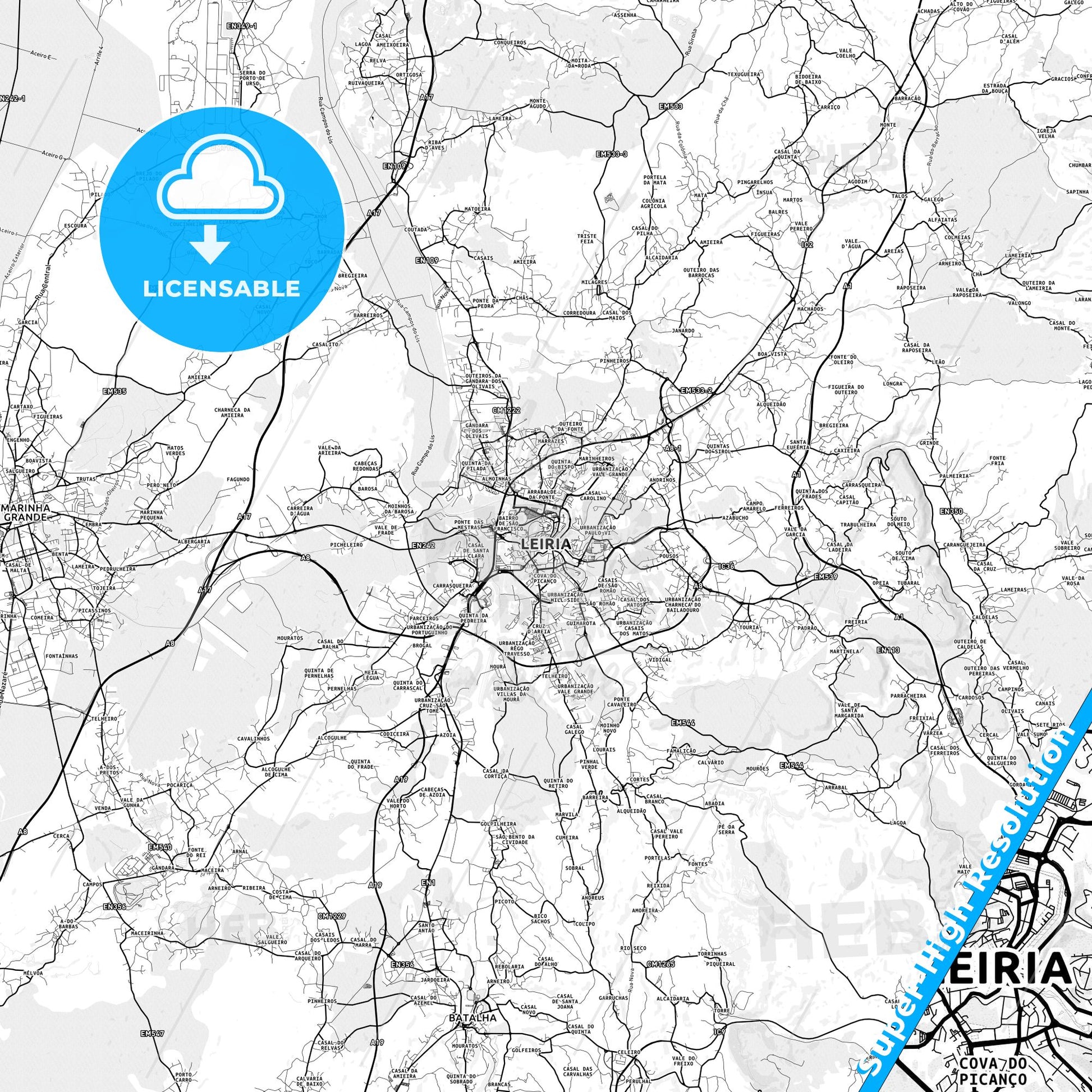 Leiria, Portugal light map with streetnames, citynames and districts