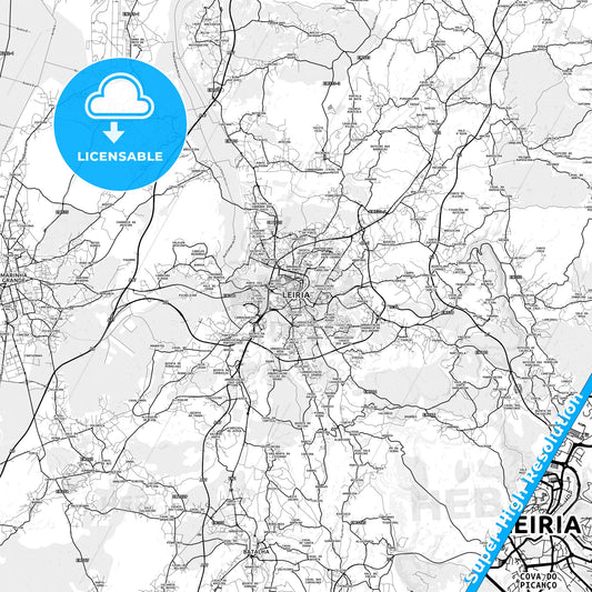 Leiria, Portugal light map with streetnames, citynames and districts