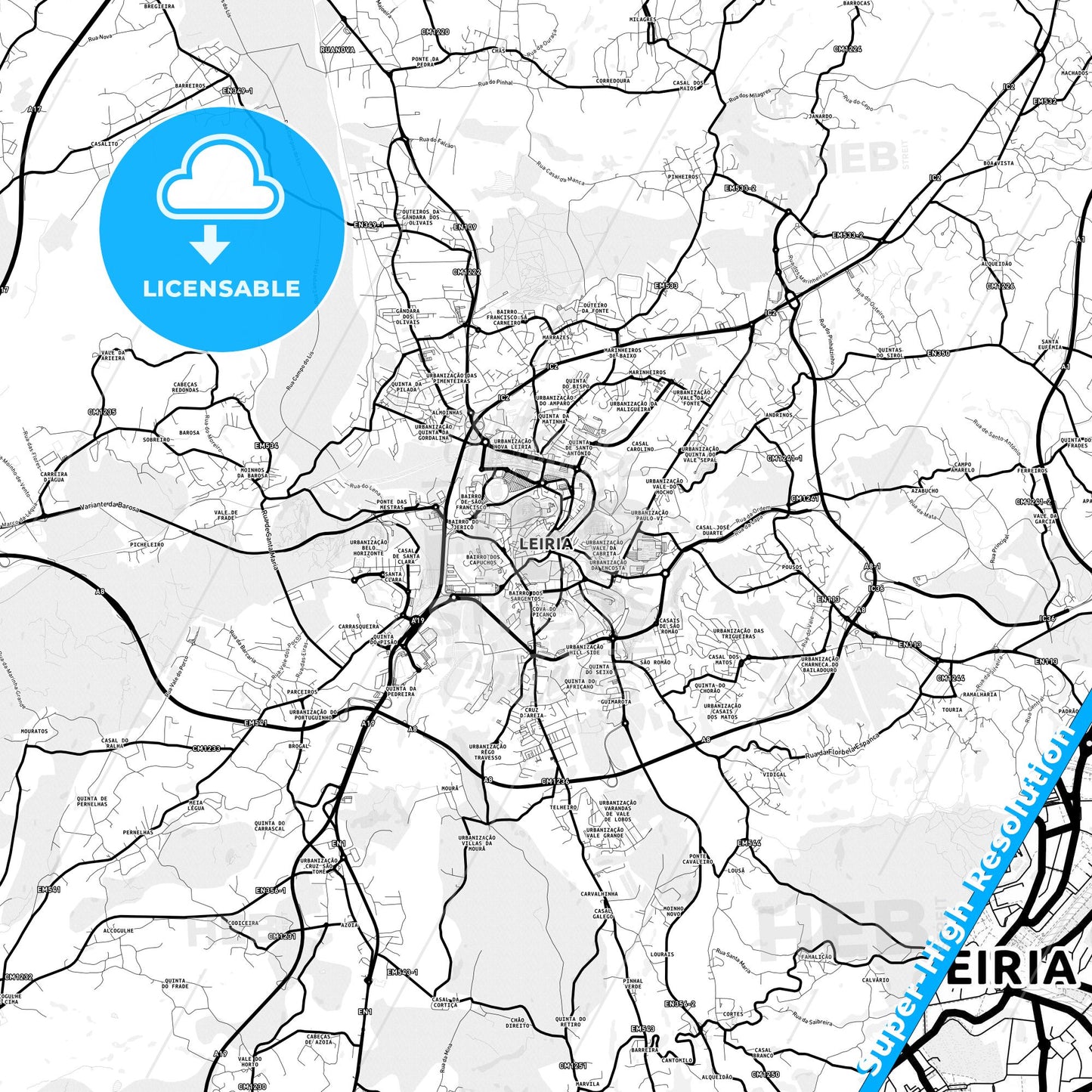 Leiria, Portugal Light Map with Street Names, City Names, and Districts