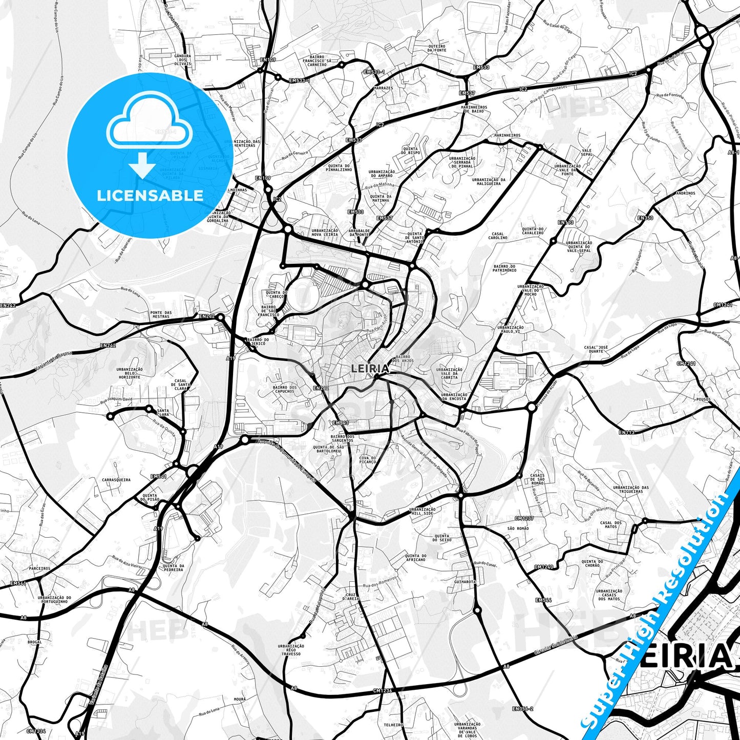 Leiria, Portugal Light Map with Street Names, City Names, and Districts