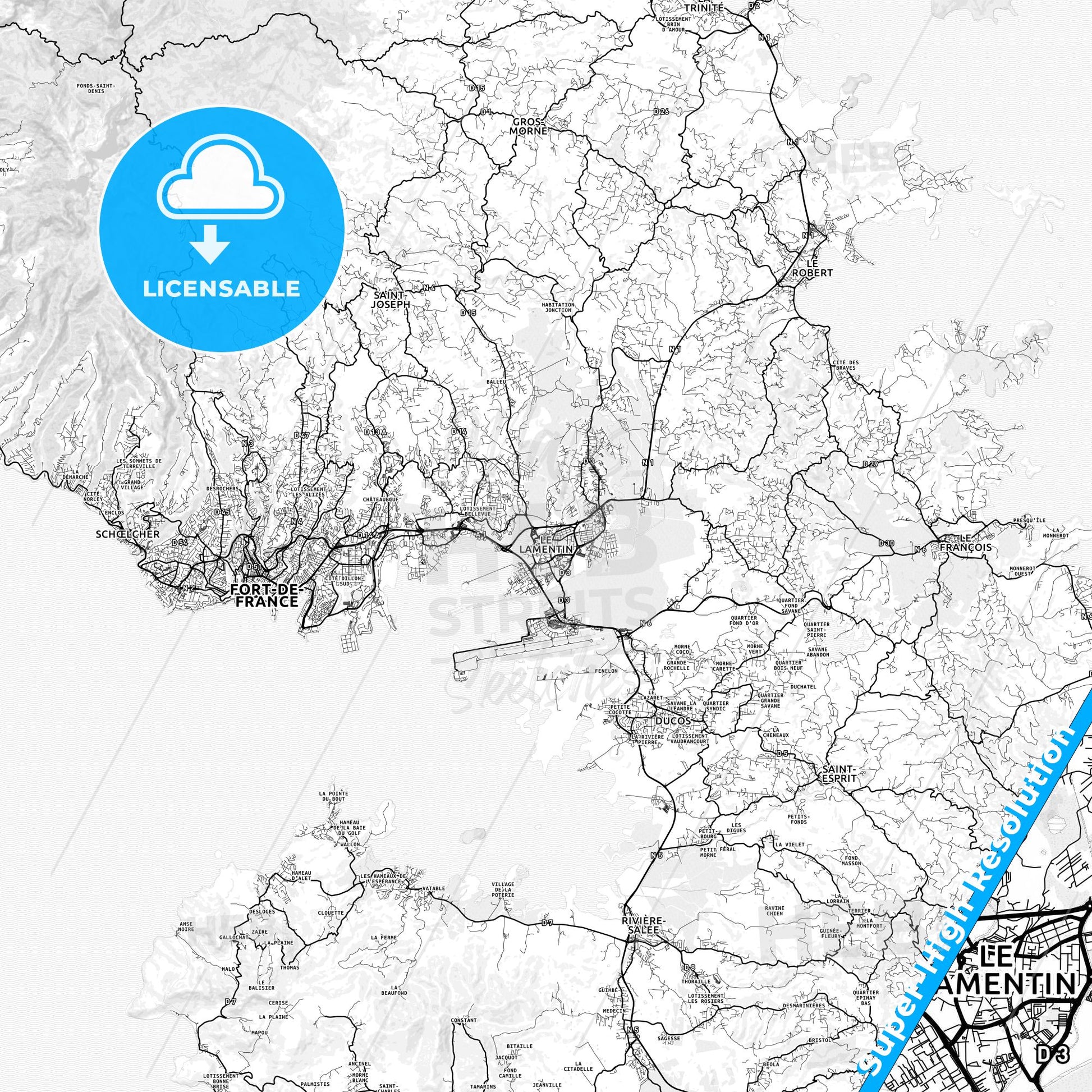 Le Lamentin, France light map with streetnames, citynames and districts