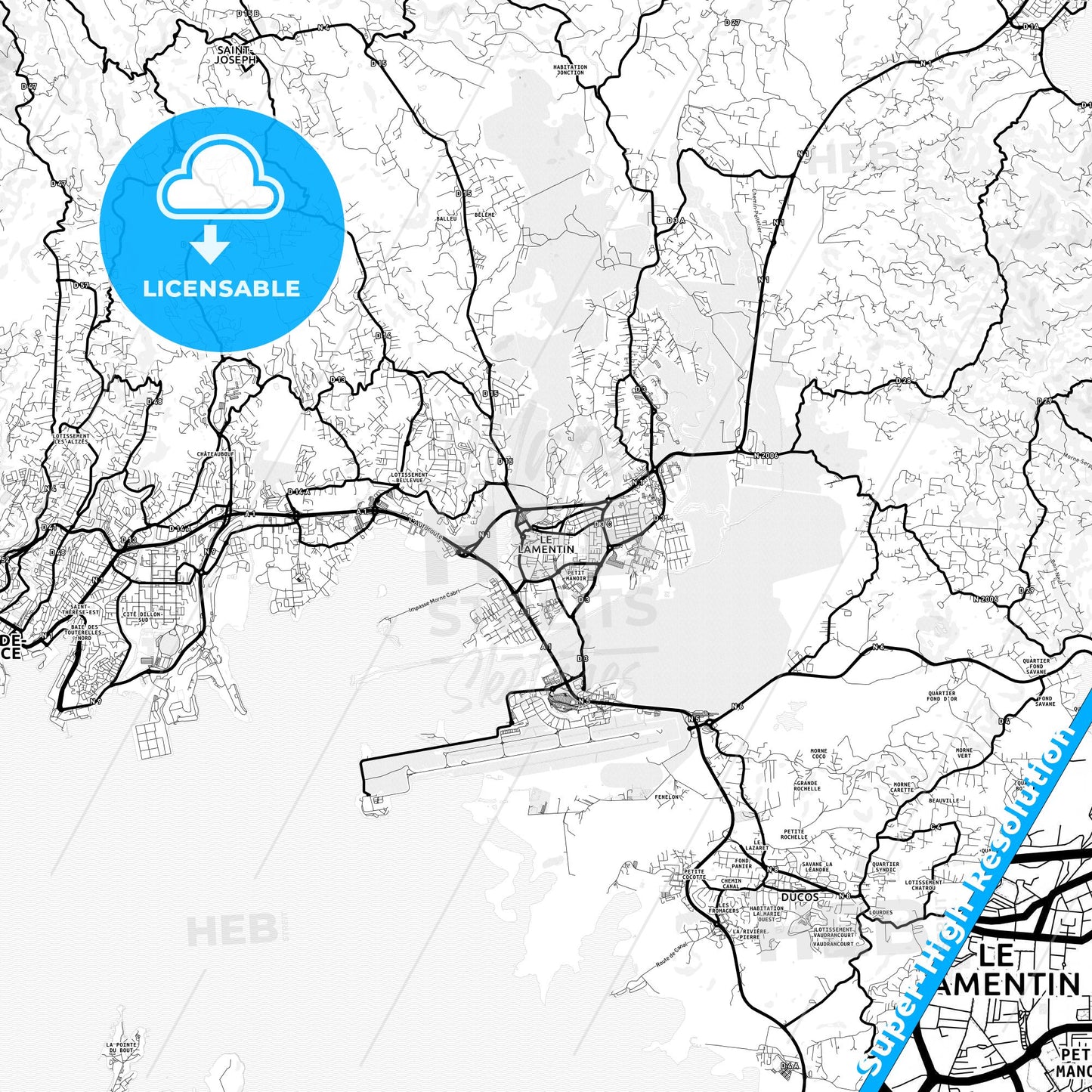 Le Lamentin, France Light Map with Street Names, City Names, and Districts