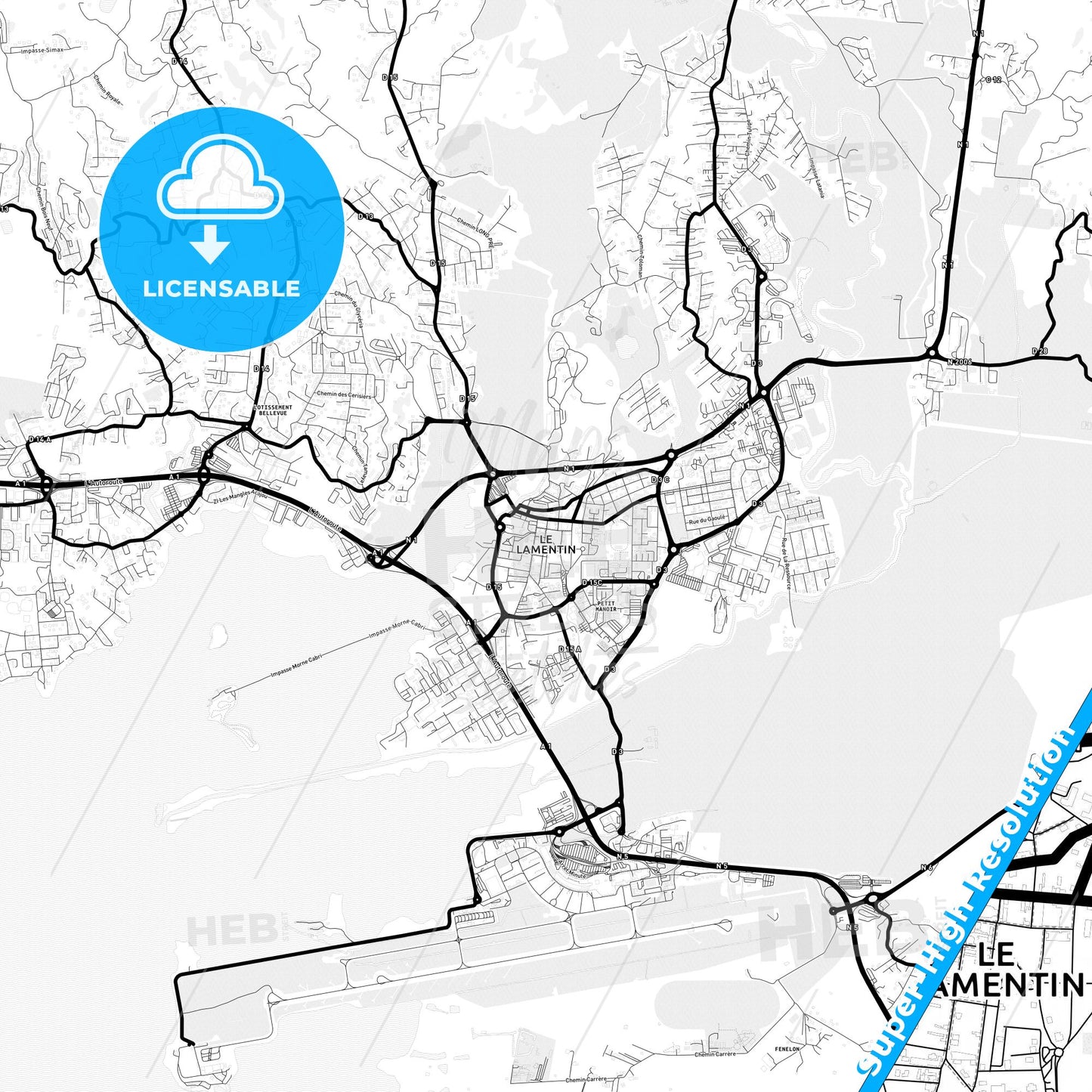 Le Lamentin, France Light Map with Street Names, City Names, and Districts