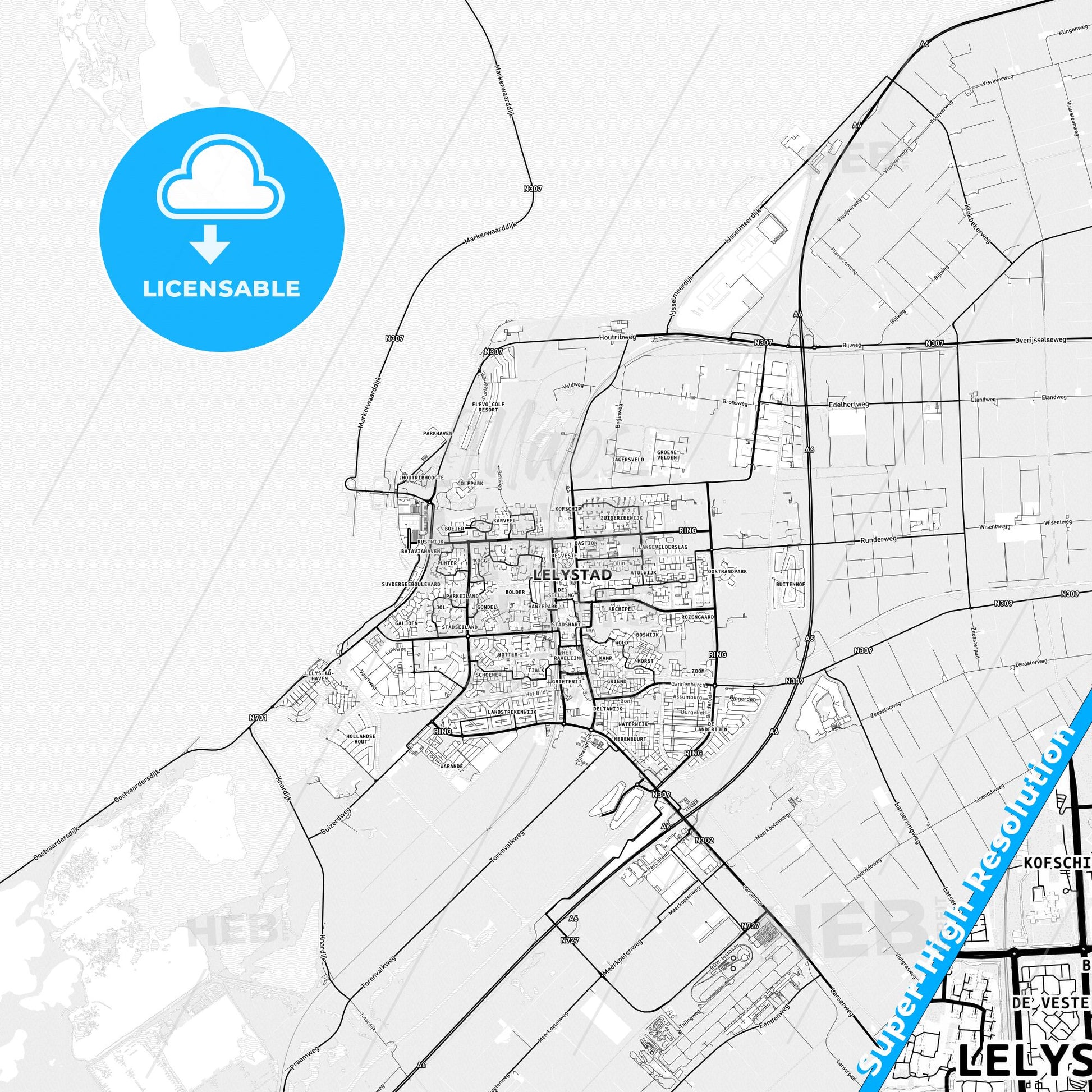 Lelystad, Netherlands light map with streetnames, citynames and districts