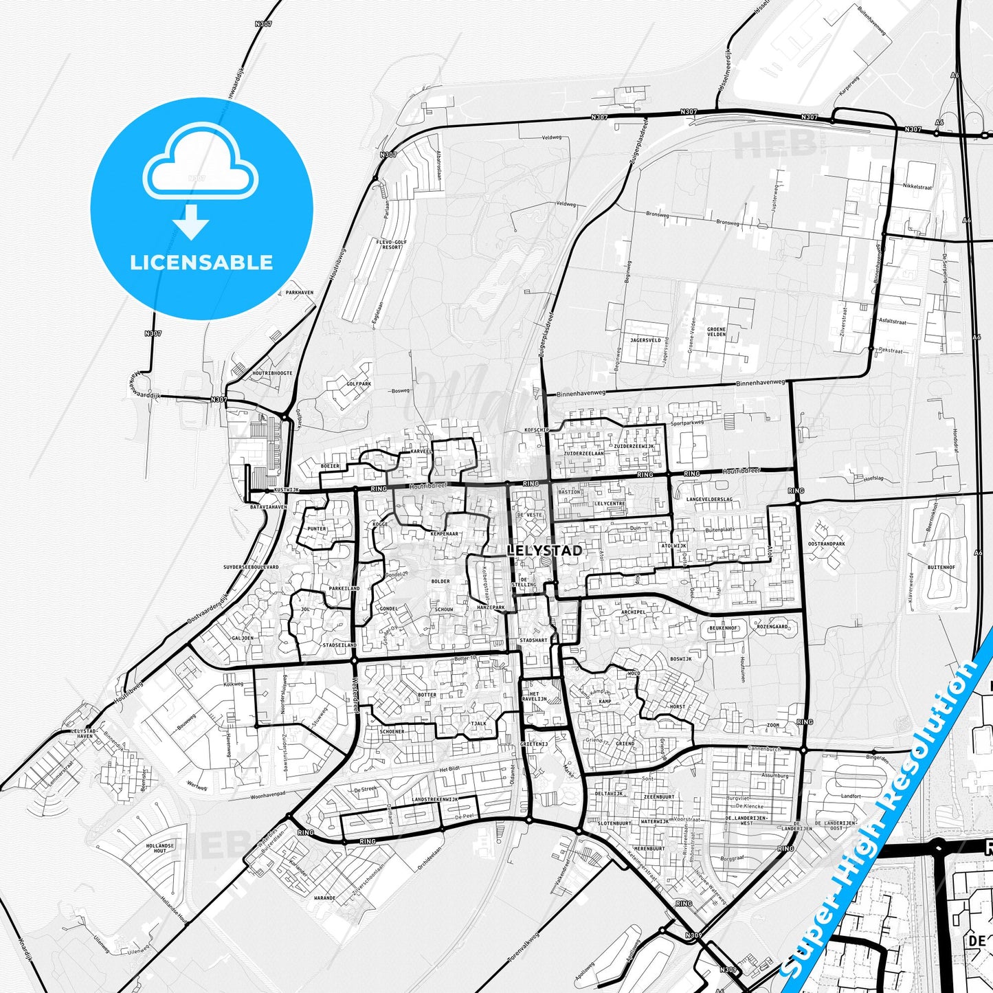 Lelystad, Netherlands Light Map with Street Names, City Names, and Districts