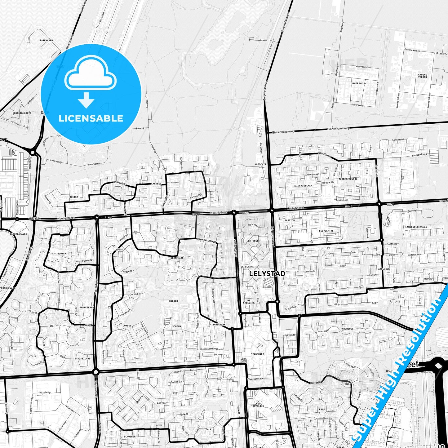 Lelystad, Netherlands Light Map with Street Names, City Names, and Districts