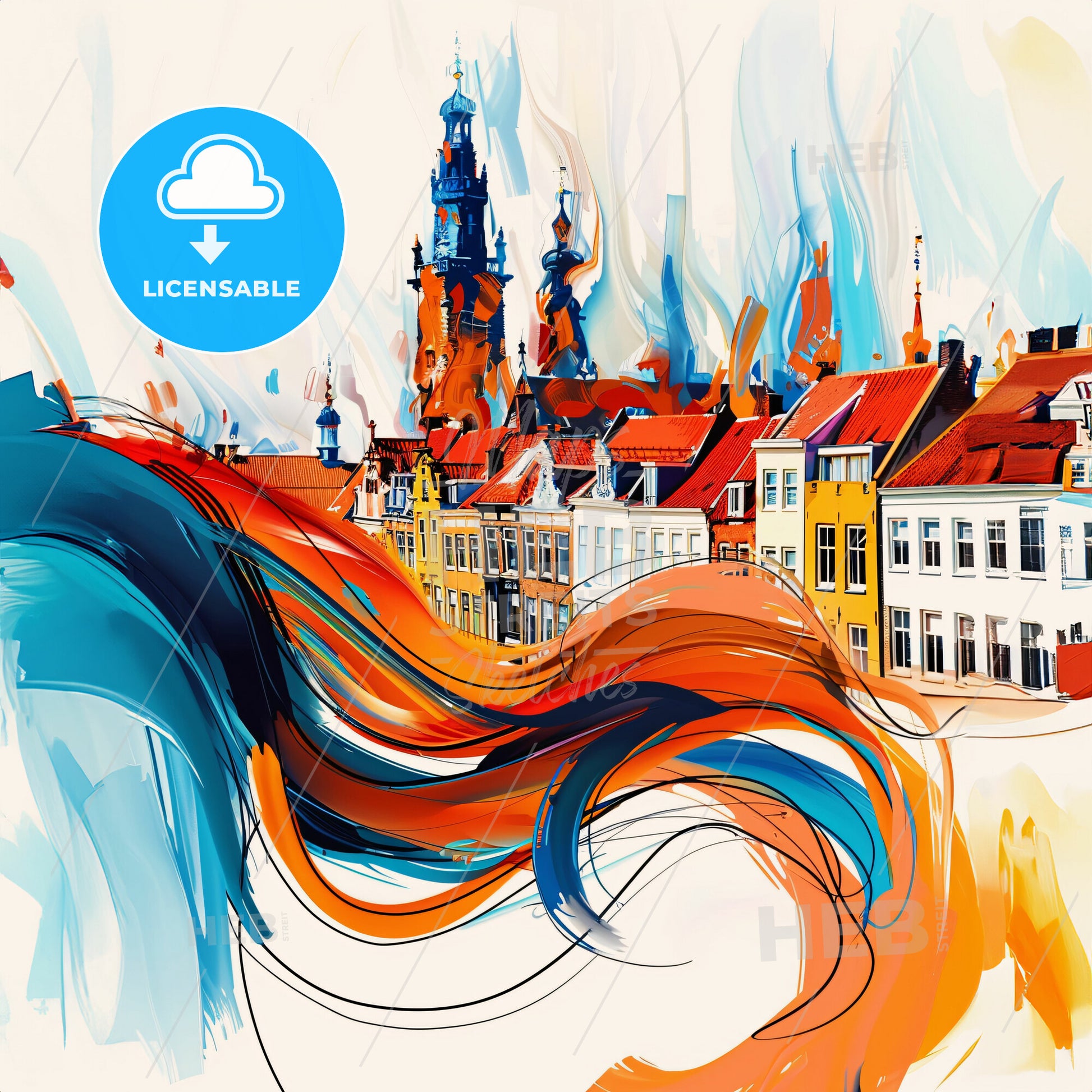 Vibrant Lelystad, Netherlands - A Colorful Painting Of Buildings And A Tower