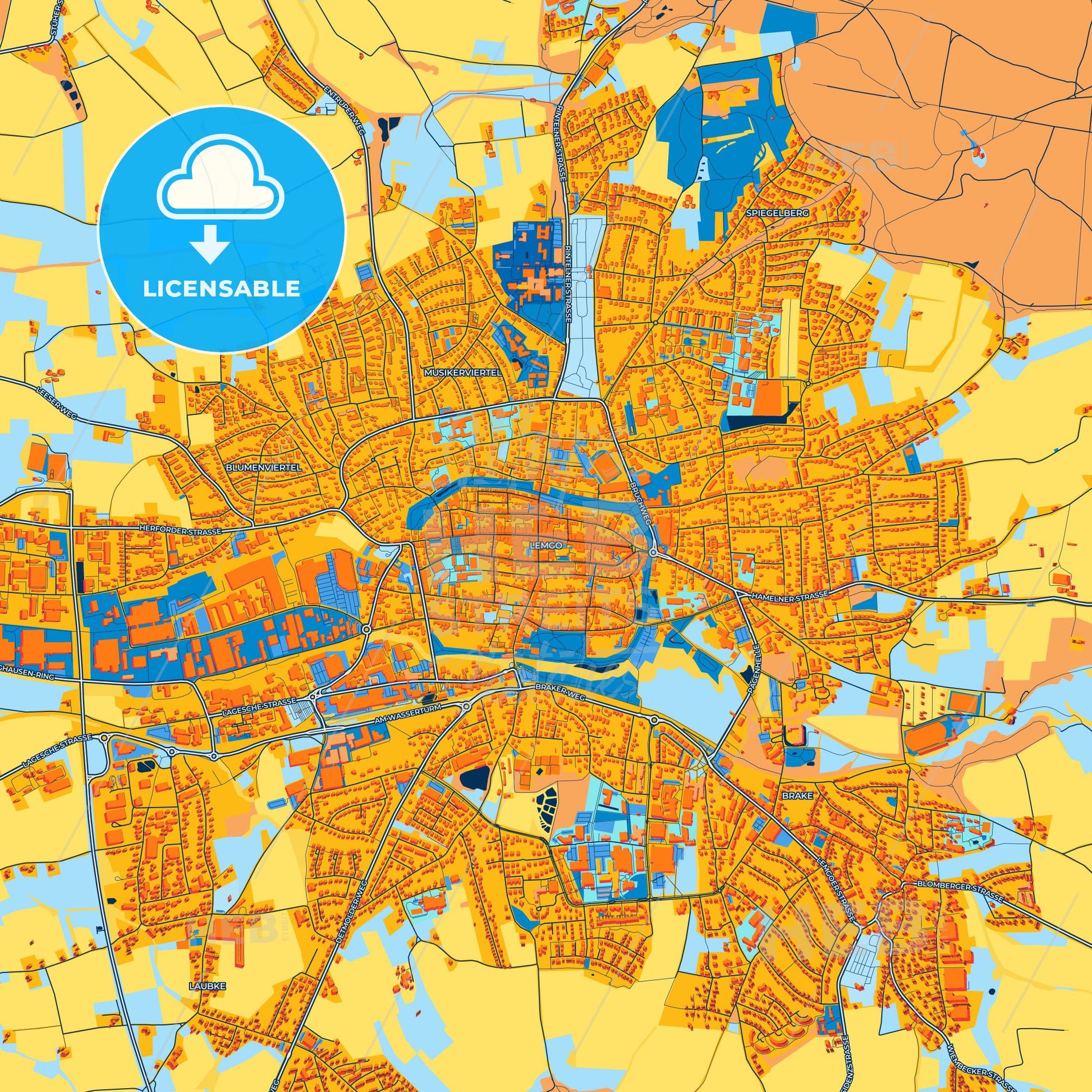 Colorful Lemgo Street Map with Labels and Buildings