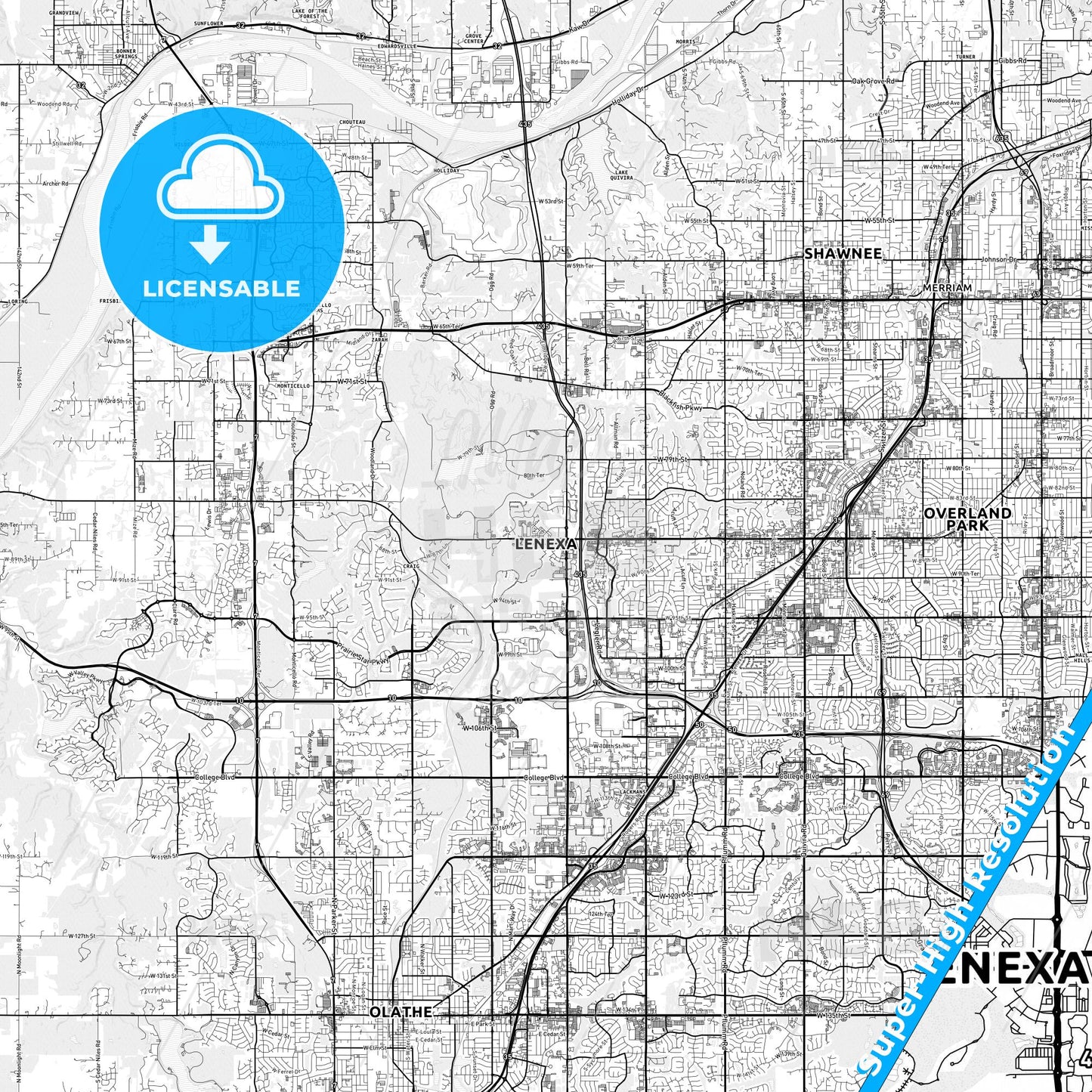 Lenexa, Kansas light map with streetnames, citynames and districts