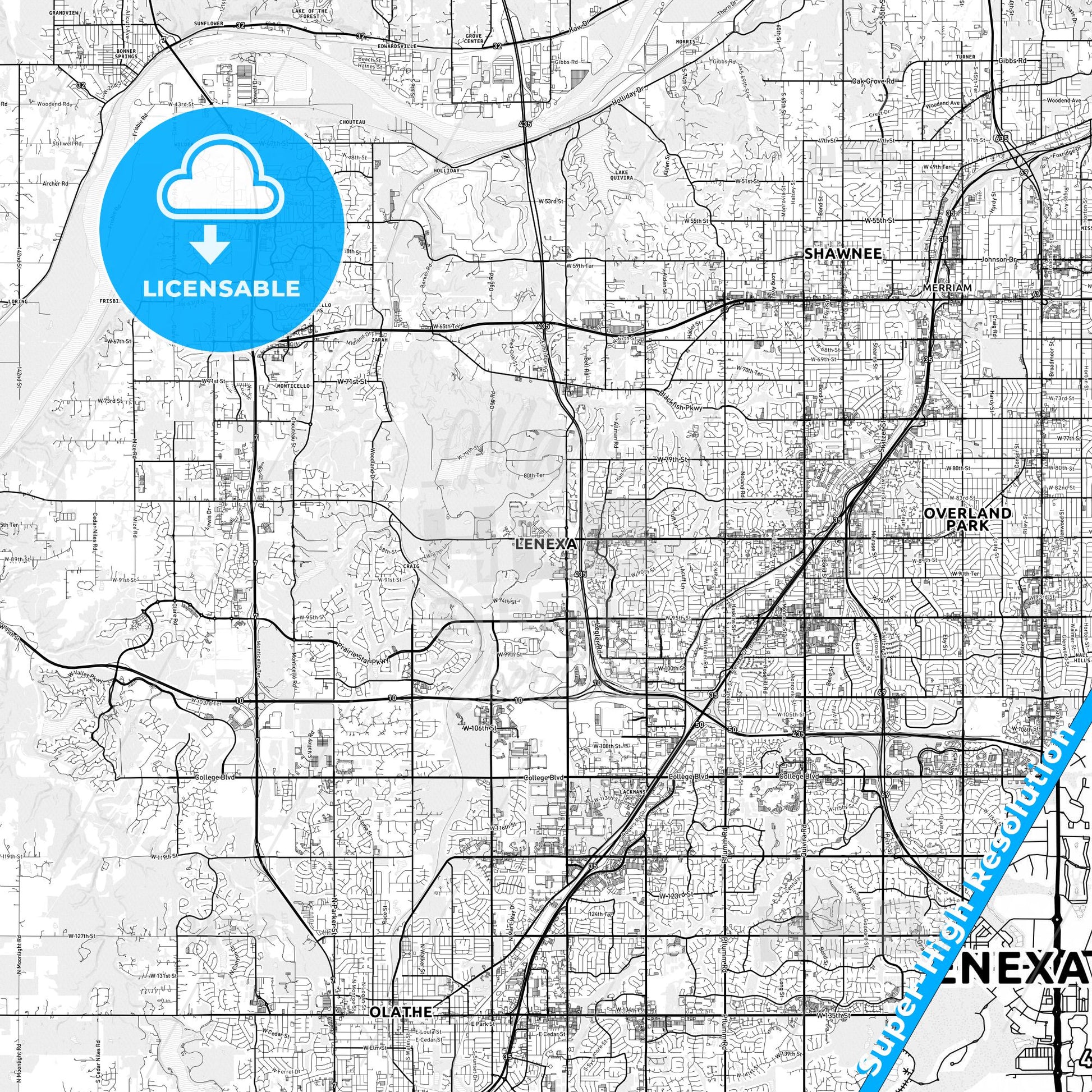 Lenexa, Kansas light map with streetnames, citynames and districts