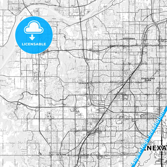 Lenexa, Kansas light map with streetnames, citynames and districts