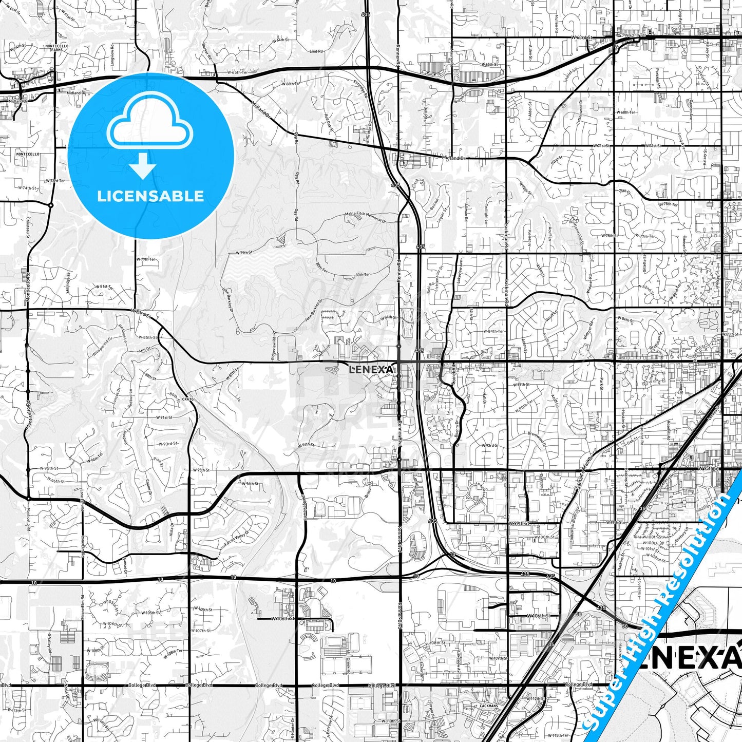 Lenexa, Kansas Light Map with Street Names, City Names, and Districts