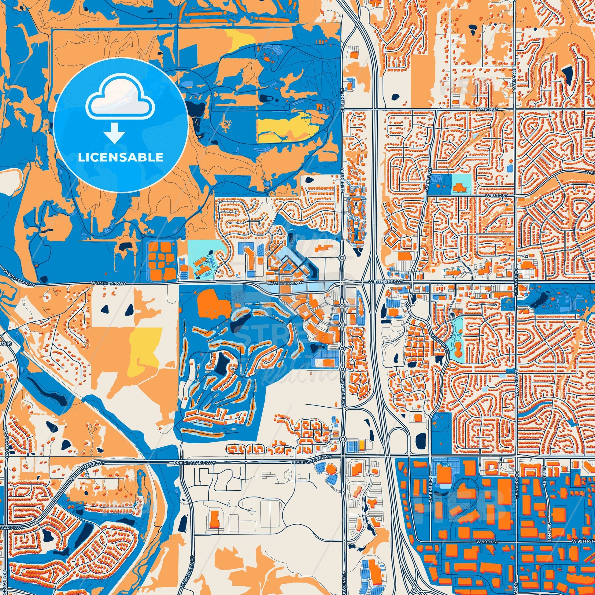 Colorful Lenexa Street Map with Labels and Buildings