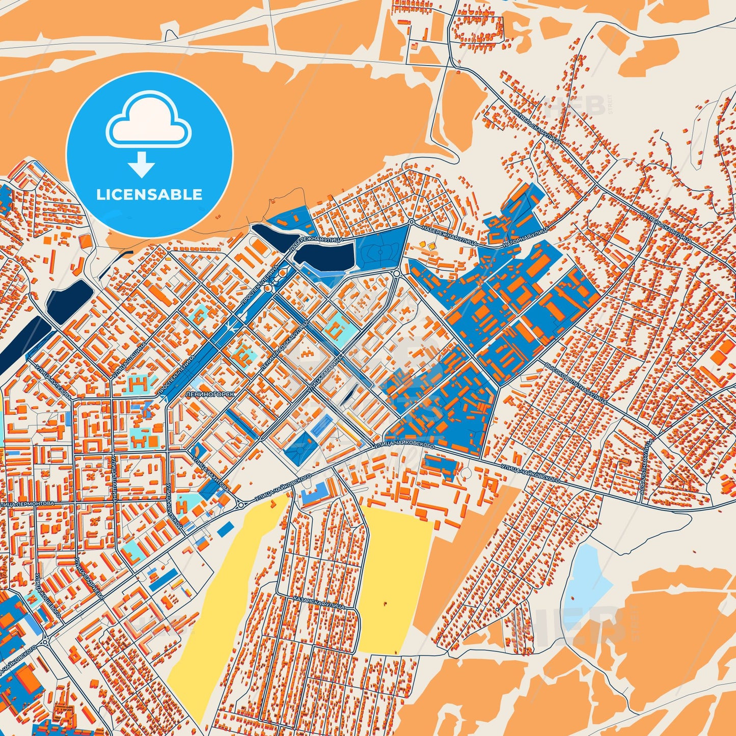 Colorful Leninogorsk Street Map with Labels and Buildings