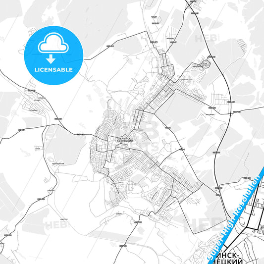 Leninsk-Kuznetsky, Russia light map with streetnames, citynames and districts