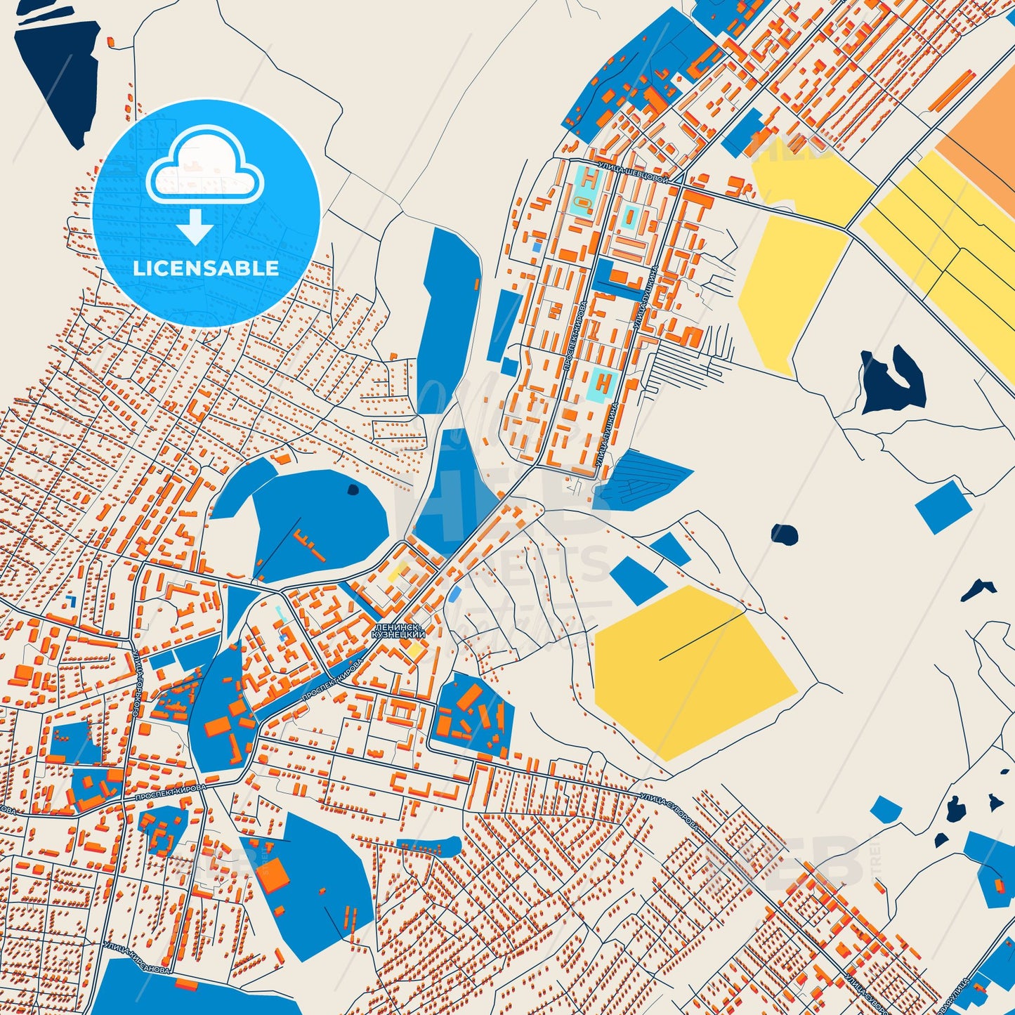 Colorful Leninsk-Kuznetsky Street Map with Labels and Buildings