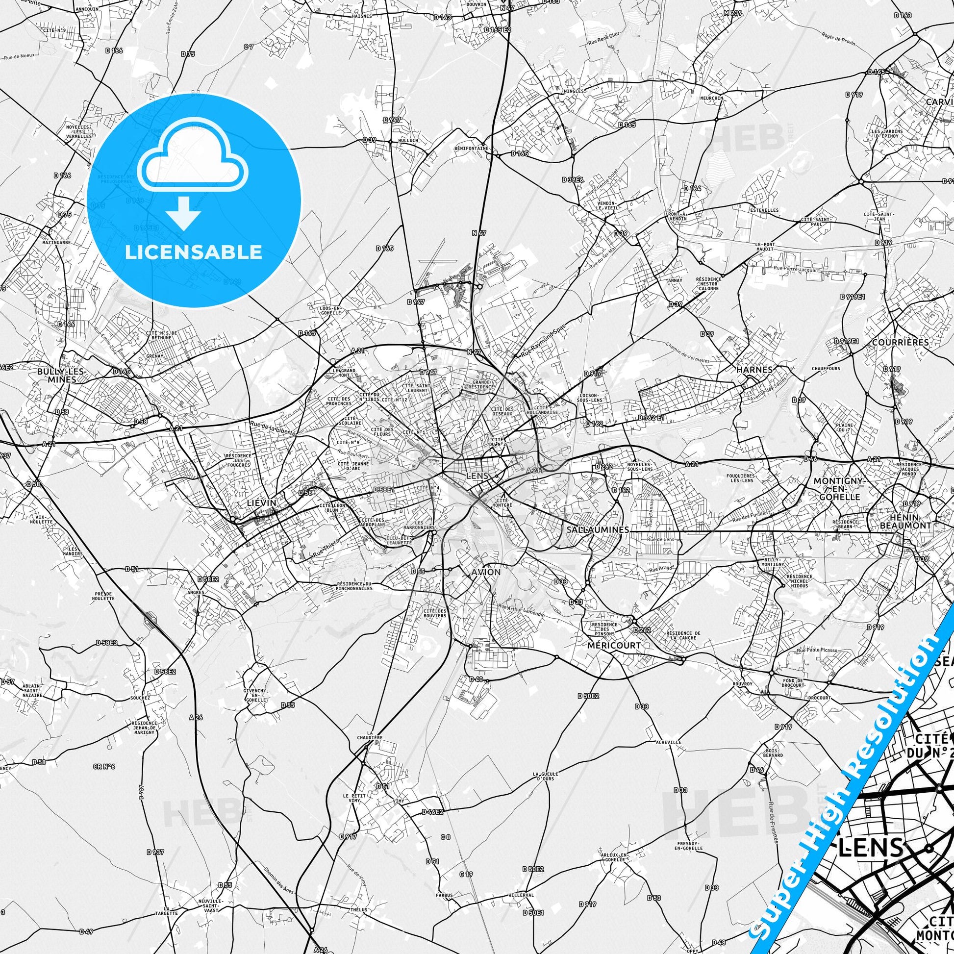 Lens, France light map with streetnames, citynames and districts