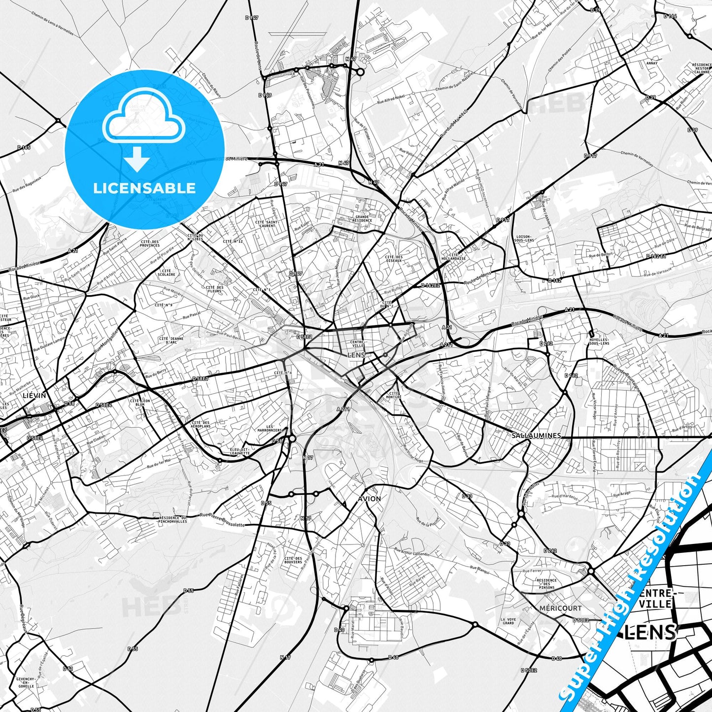 Lens, France Light Map with Street Names, City Names, and Districts