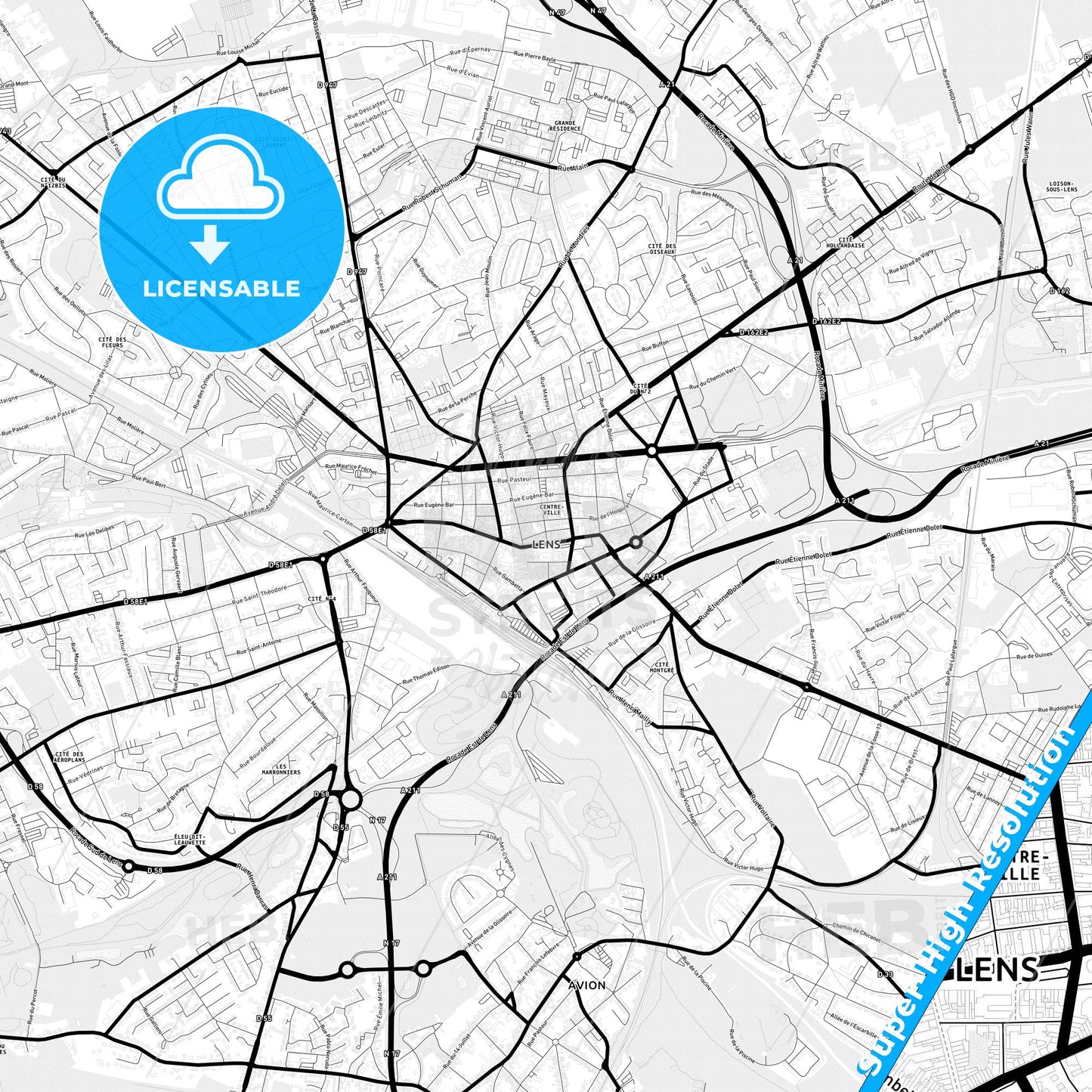 Lens, France Light Map with Street Names, City Names, and Districts