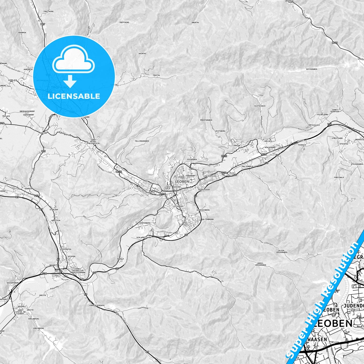 Leoben, Austria light map with streetnames, citynames and districts
