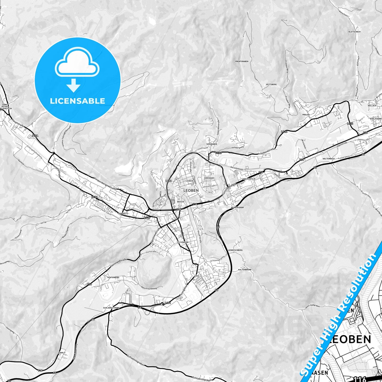 Leoben, Austria Light Map with Street Names, City Names, and Districts