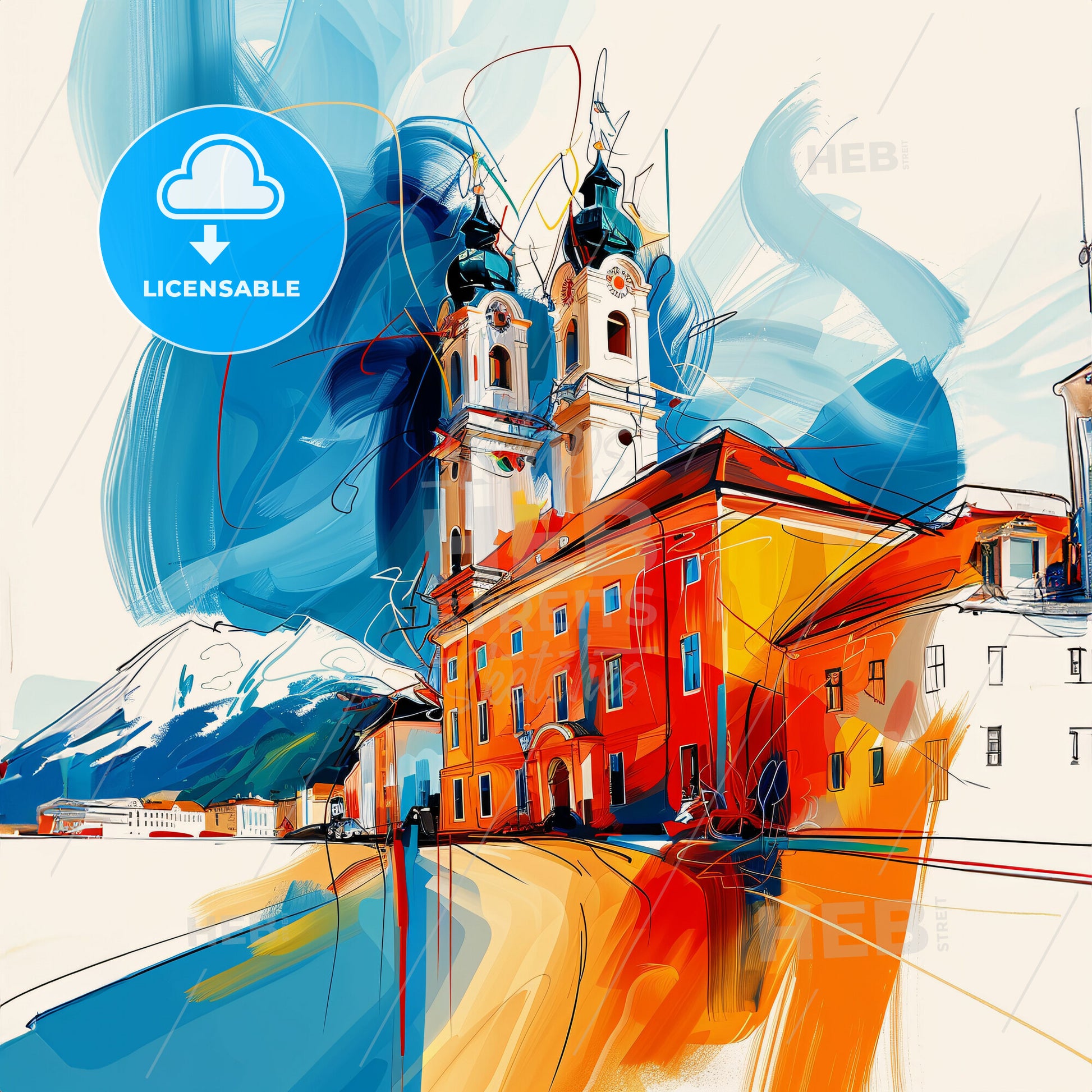 Vibrant Leoben, Austria - A Painting Of A Building With A Mountain In The Background