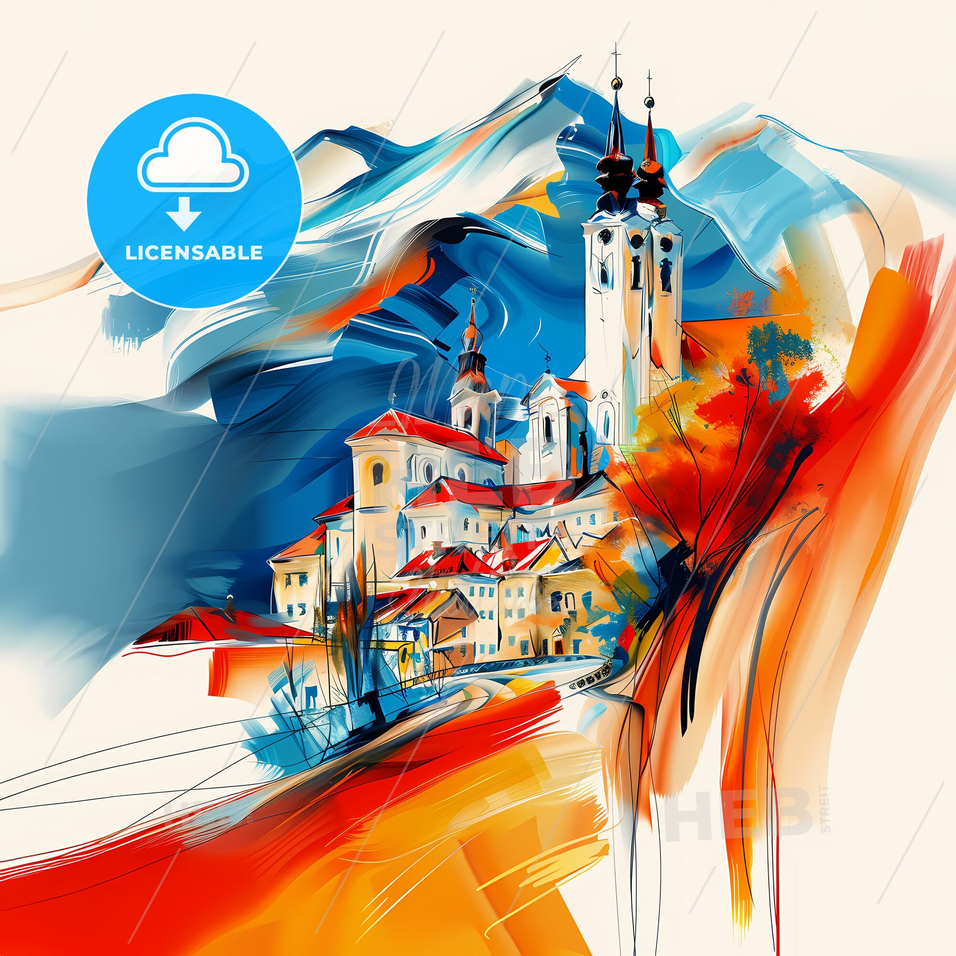 Vibrant Leoben, Austria - A Painting Of A Town With A Mountain In The Background