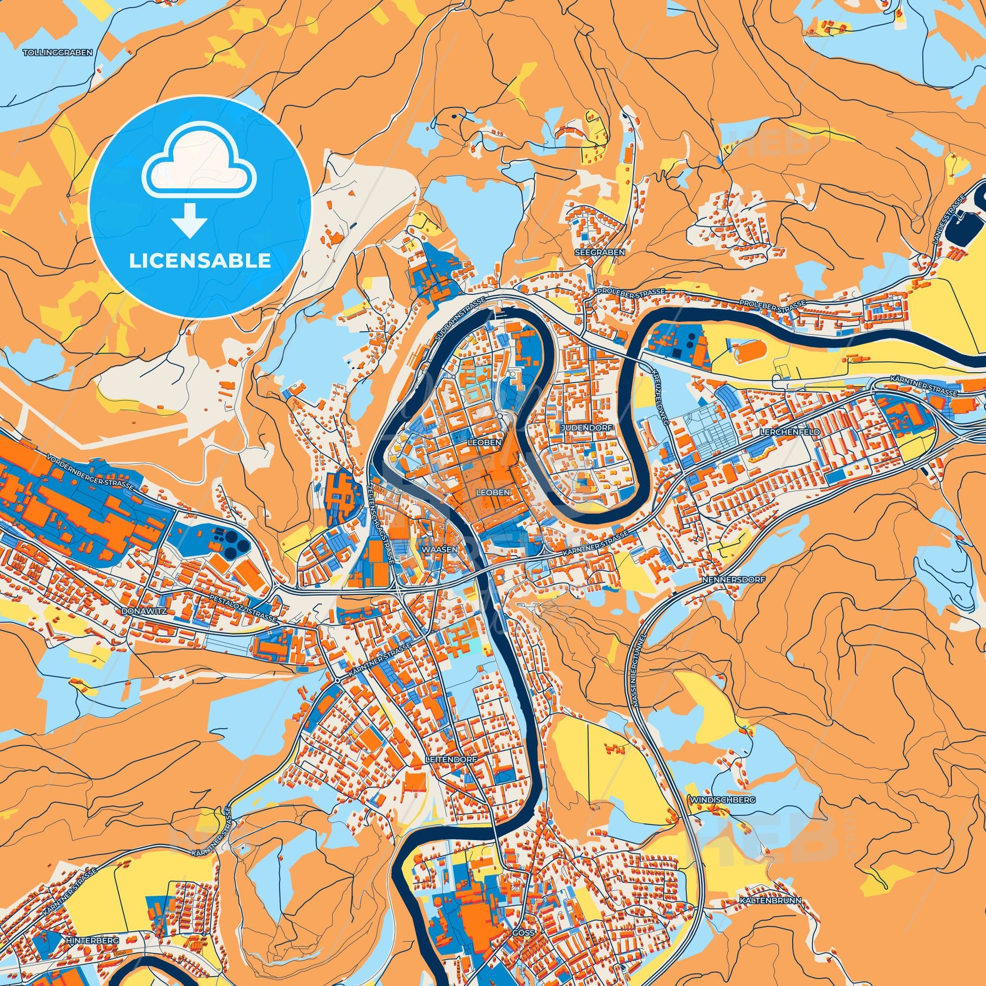 Colorful Leoben Street Map with Labels and Buildings