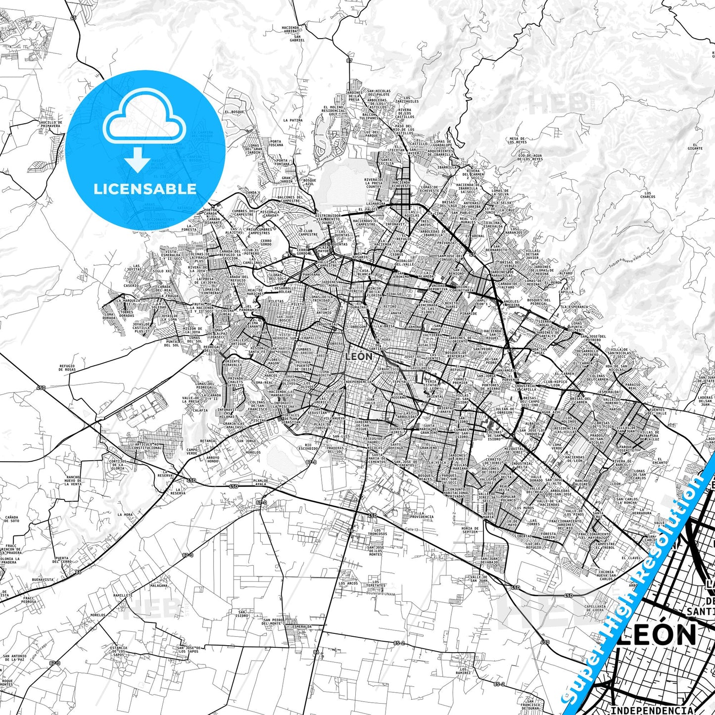 León, Mexico light map with streetnames, citynames and districts