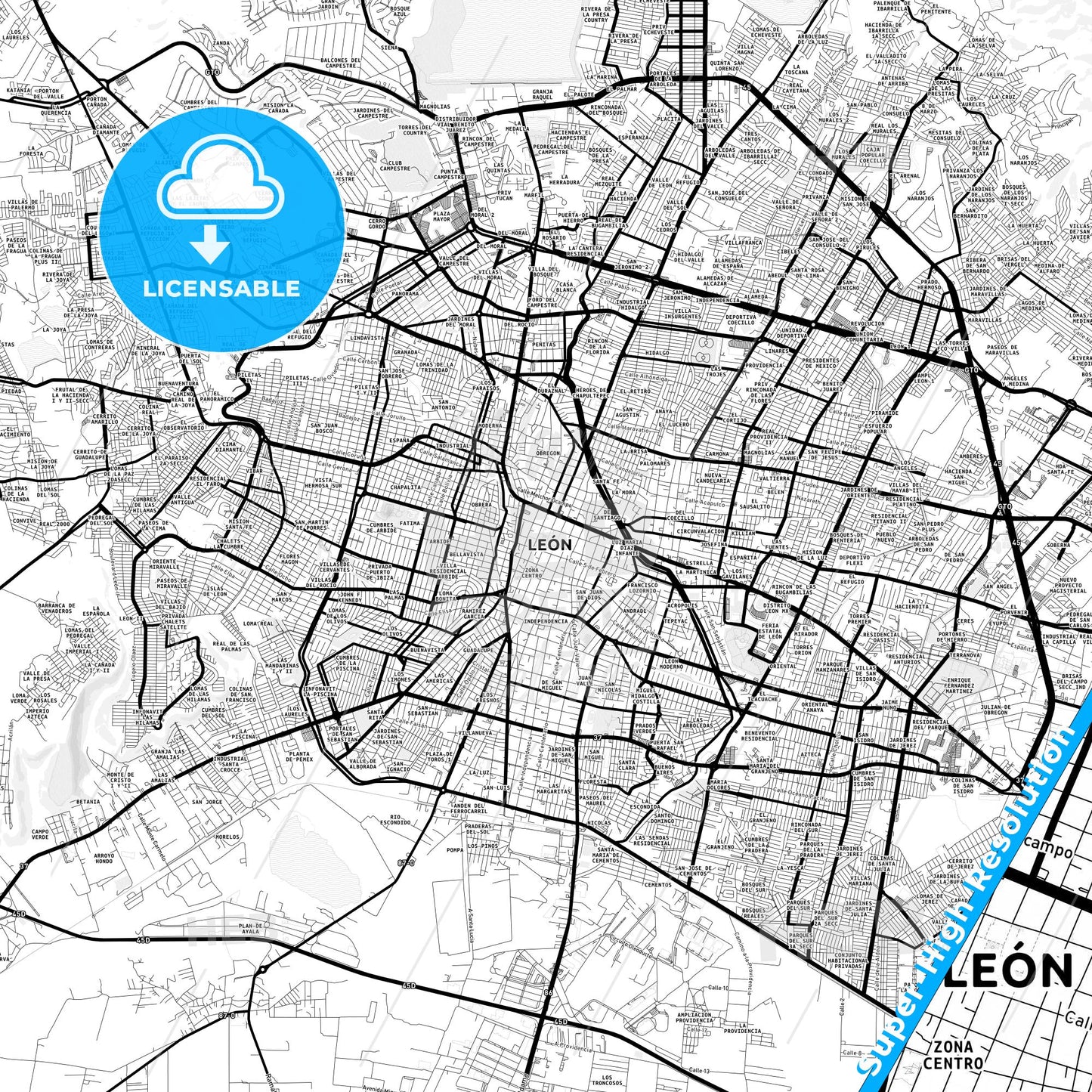 León, Mexico Light Map with Street Names, City Names, and Districts