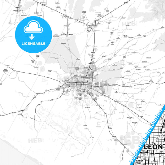 León, Nicaragua light map with streetnames, citynames and districts