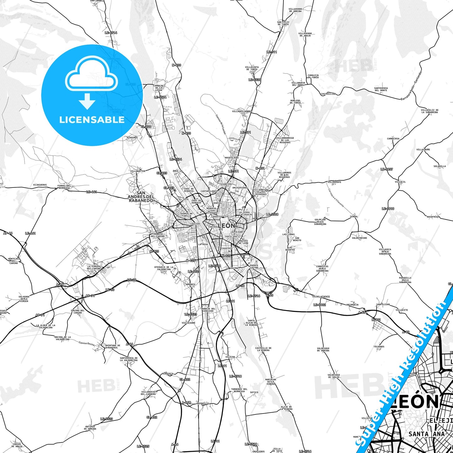 León, Spain light map with streetnames, citynames and districts