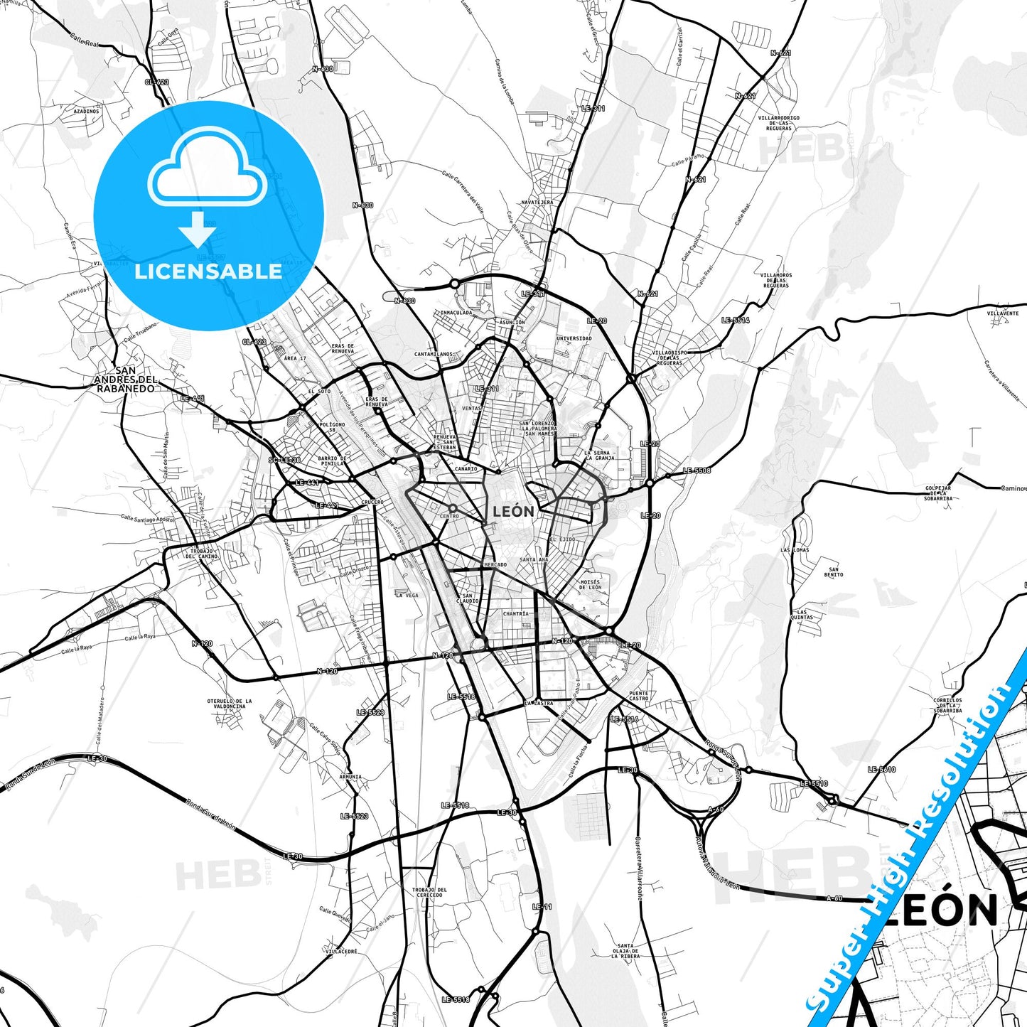 León, Spain Light Map with Street Names, City Names, and Districts